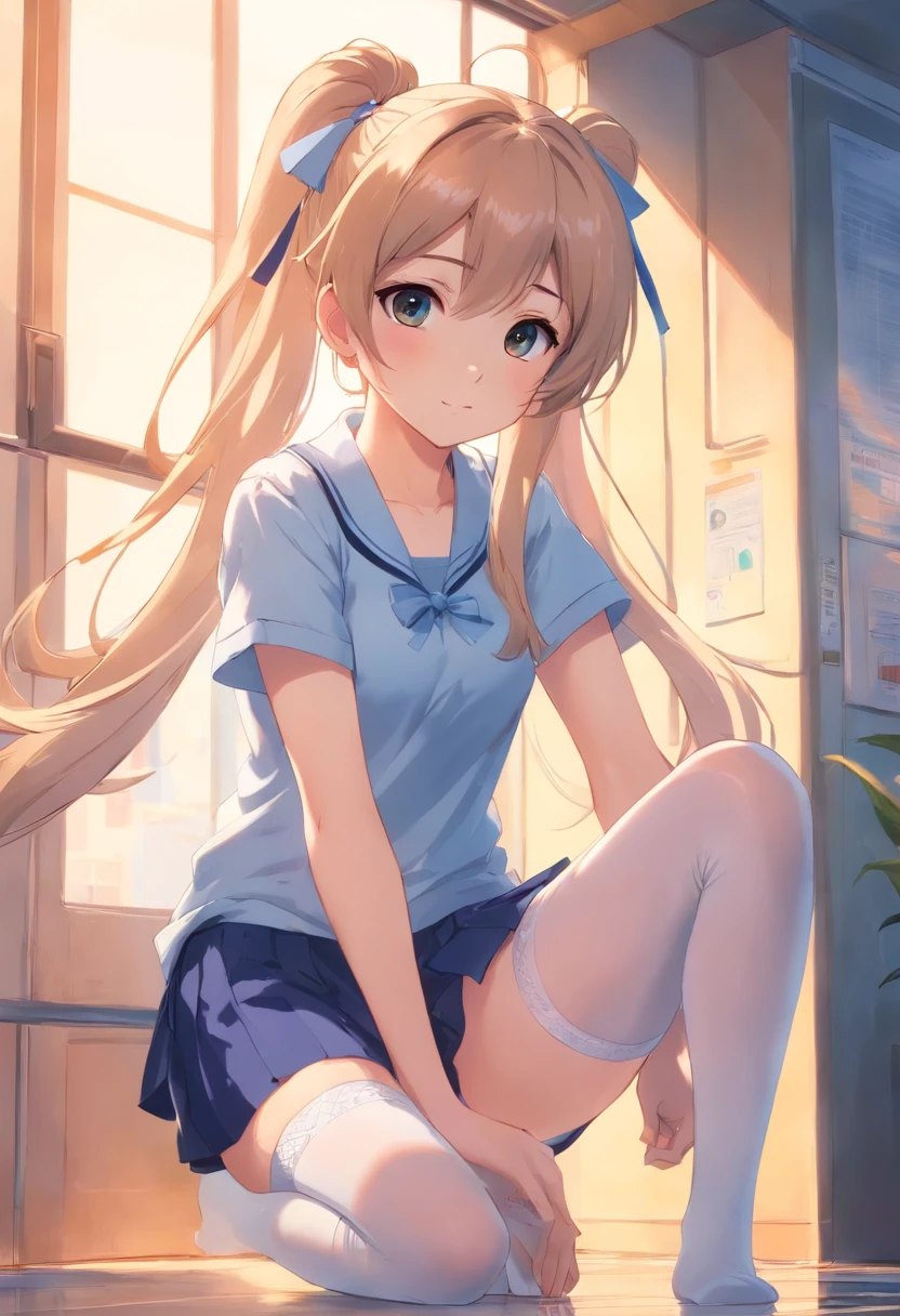 s girl,White double ponytail,white stockings、Full limbs,slenderness,plump