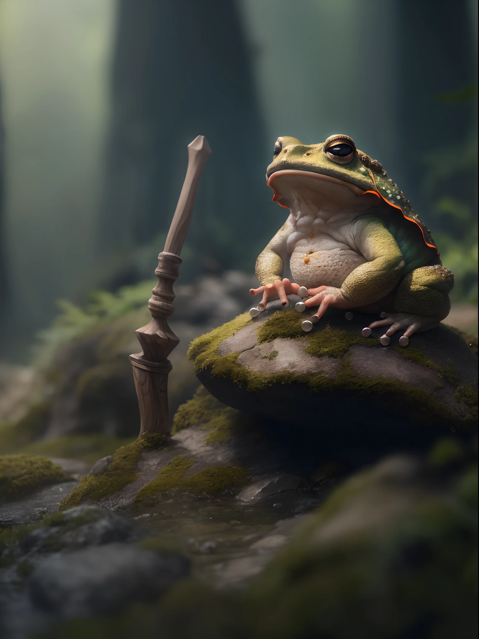 best quality,4k,highres,masterpiece:1.2,ultra-detailed,realistic:1.37,portrait,landscape,Toad Sage,wise and noble appearance,toad sitting on a rock,holding a wooden staff,old and wrinkled skin,detailed toad eyes,revealing a sense of wisdom and power,lush green forest in the background,misty atmosphere,vivid colors,natural lighting,bokeh