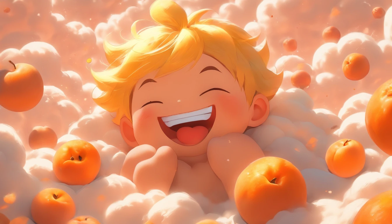 comic strip,Cute and cute 5 year old baby boy lying on a giant peach,anime big breast,On thick clouds such as marshmallows,Detail enhancement,8K,super-fine,concept-art,number art