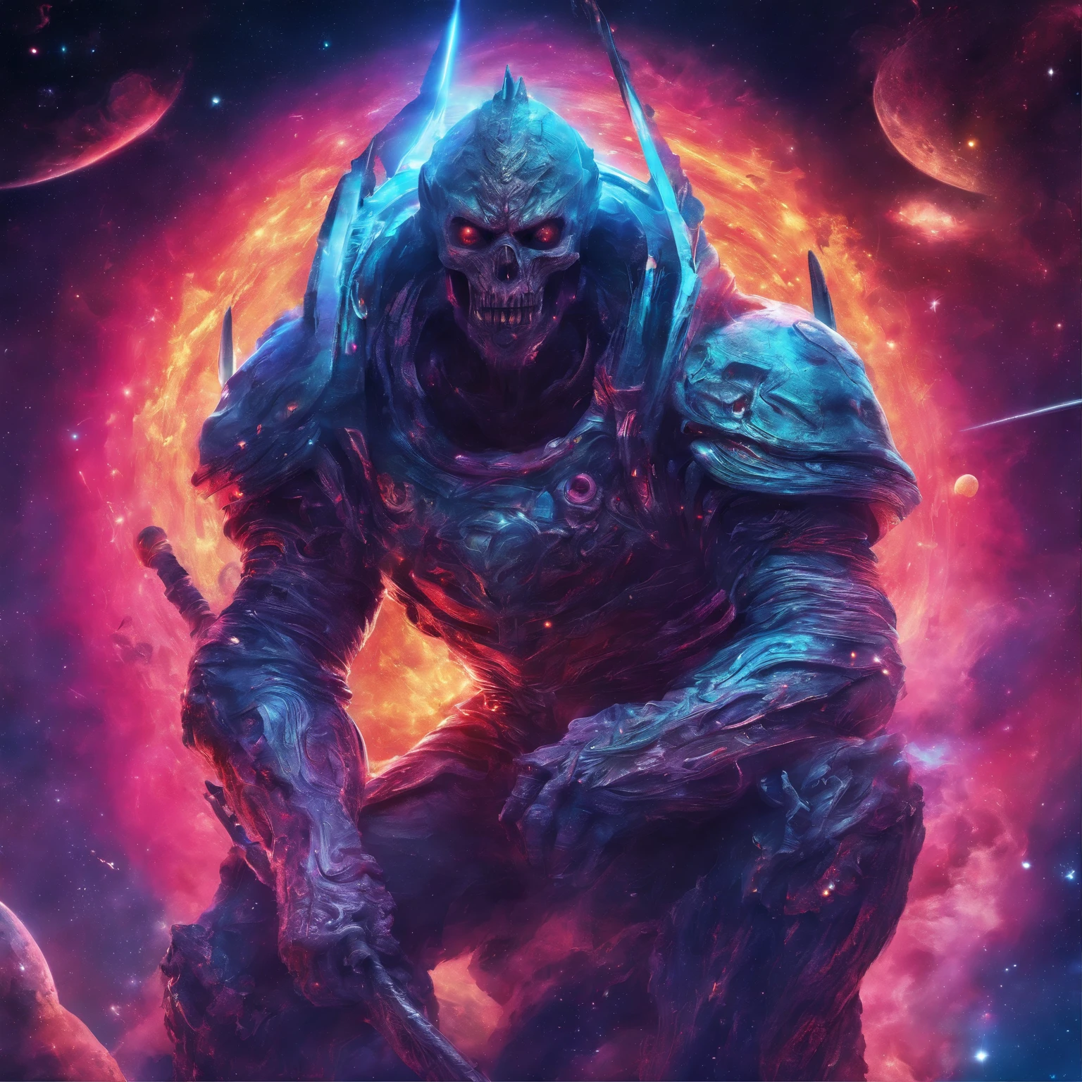 (detailed and vibrant), demonic figure sitting on planet Earth, holding the (ultra-detailed) hell sword, (ultra-vivid colors), (best quality, 4K, high-res) craftsmanship, with the universe as the backdrop, a scene of destruction and chaos unfolds