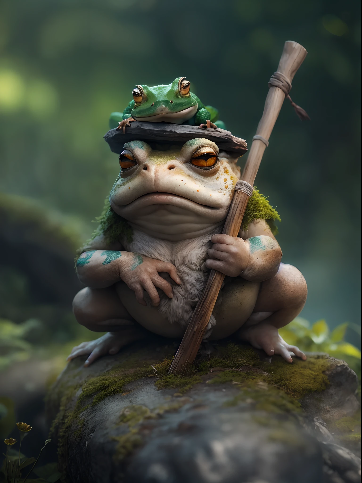 best quality,4k,highres,masterpiece:1.2,ultra-detailed,realistic:1.37,portrait,landscape,Toad Sage,wise and noble appearance,toad sitting on a rock,holding a wooden staff,old and wrinkled skin,detailed toad eyes,revealing a sense of wisdom and power,lush green forest in the background,misty atmosphere,vivid colors,natural lighting,bokeh