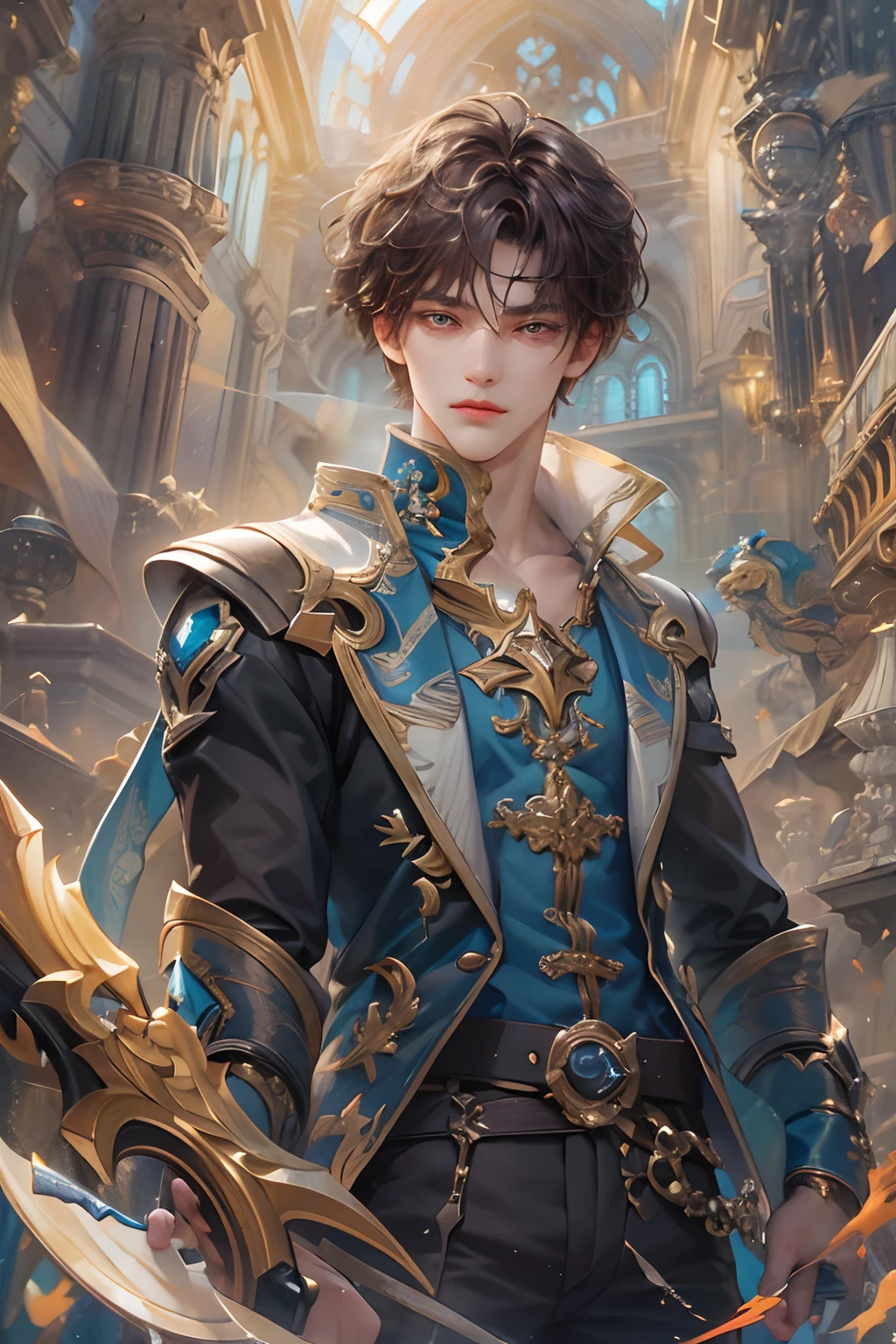 (absurdres, highres, ultra detailed, HDR), masterpiece, best quality, Android Game Character , short hair, handsome boy, anime eyes, Mobile Legends Hero, detailed scebe, detailed character
