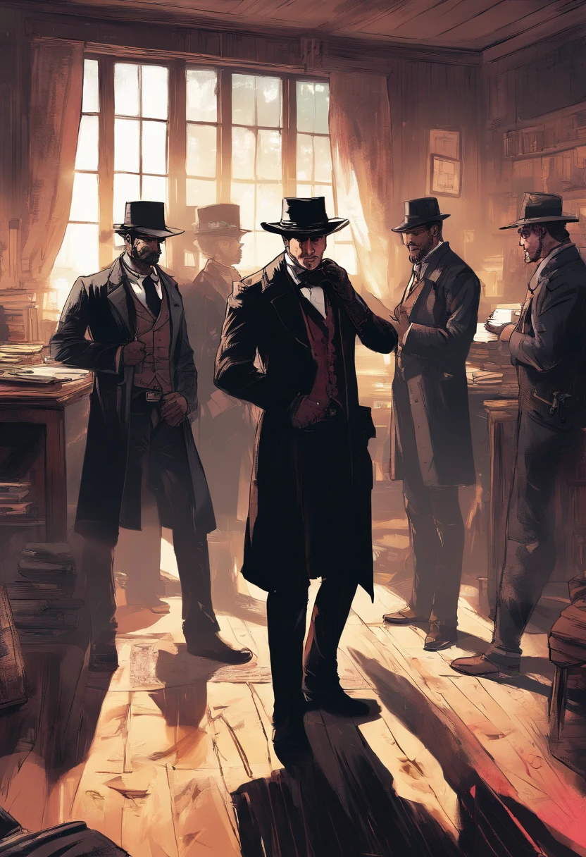 (best quality, 4k, highres, masterpiece:1.2), (realistic:1.37), ultra-detailed, Red Dead Redemption 2 art style, Pinkerton detective, Pinkerton detective in a suit, western town of Saint Denis in 1907, dimly lit room, six Pinkerton agents standing around a table, Pinkerton detective's office, black suits.six pinkerton detectives, 6men,interior scene
