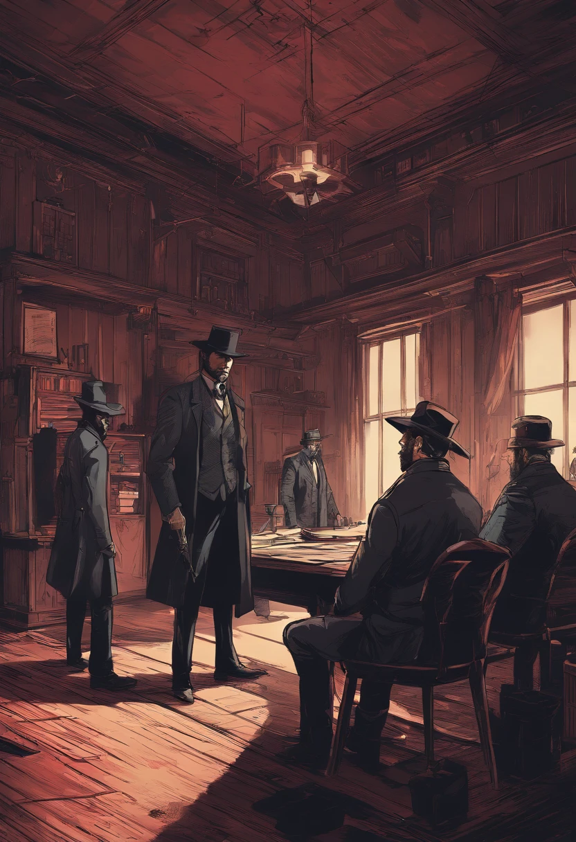 (best quality, 4k, highres, masterpiece:1.2), (realistic:1.37), ultra-detailed, Red Dead Redemption 2 art style, Pinkerton detective, Pinkerton detective in a suit, western town of Saint Denis in 1907, dimly lit room, six Pinkerton agents standing around a table, Pinkerton detective's office, black suits.six pinkerton detectives, 6men,interior scene