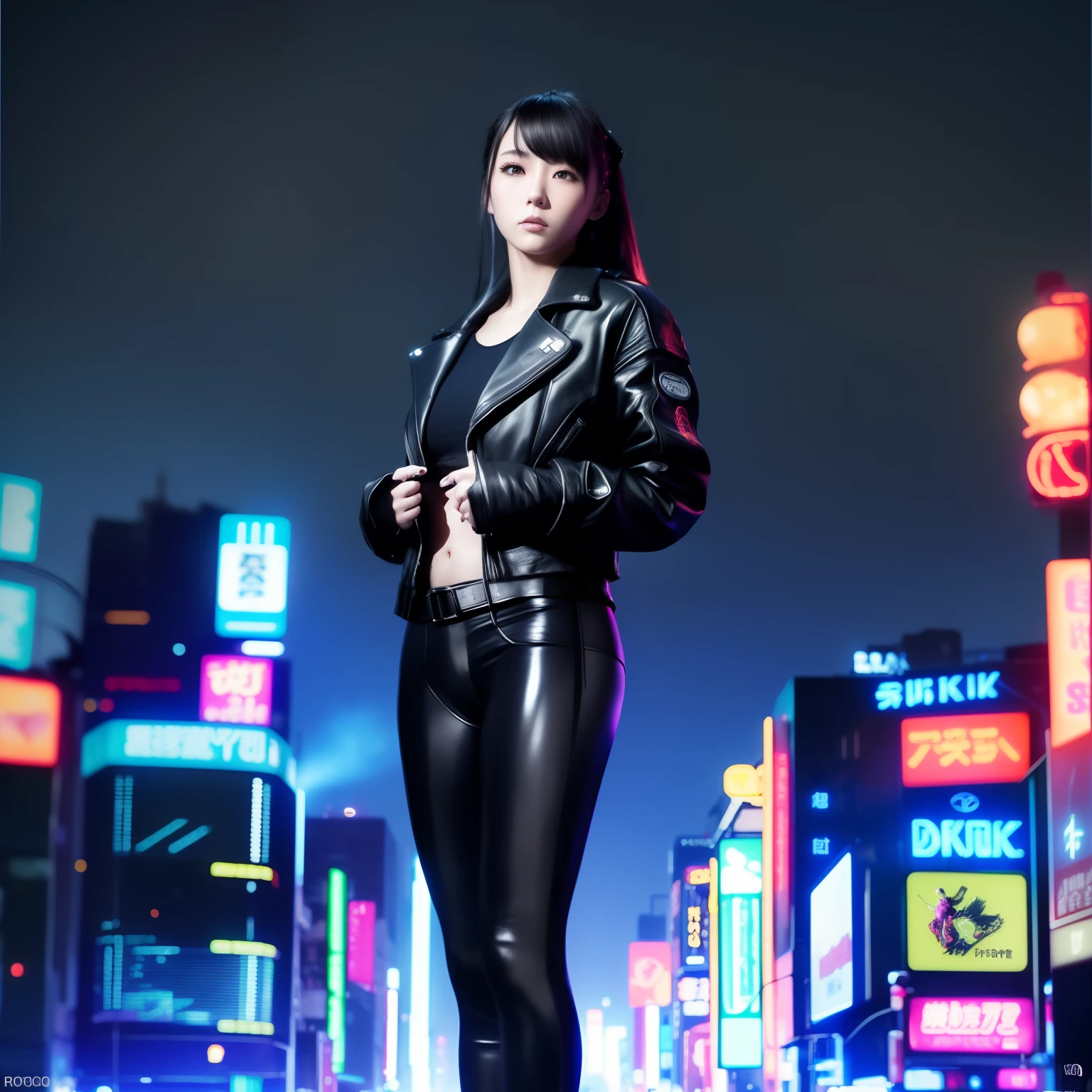Beautiful Japan girl、Photo of a girl with one full body、 8K.超A high resolution、ultra-detailliert、physically-based renderingt、top-quality、solofocus、Look at viewers。35 mm、film photography、Studio Quality、film grains、 (realisitic、Photorealsitic:1.2)、(high detailed skin:1.4)、(the pose:1.4)、 City Lights、((Neon Cyberpunk City Street:1.3))、(neon light)、Detailed lighting、Black Rim Lighting、Blue Key Light、(Darksynth:1.4)、 beautiful finely detailed eyes、Brown hair、thigh highs、(Black leather jacket:1.3)、(underpants:1.3)、(steam wave:1.2)、Face Shield

Japan Women　full body suits　brack　leather jackets　leather pant　Leather boots　Leather Long Boots　leather grove