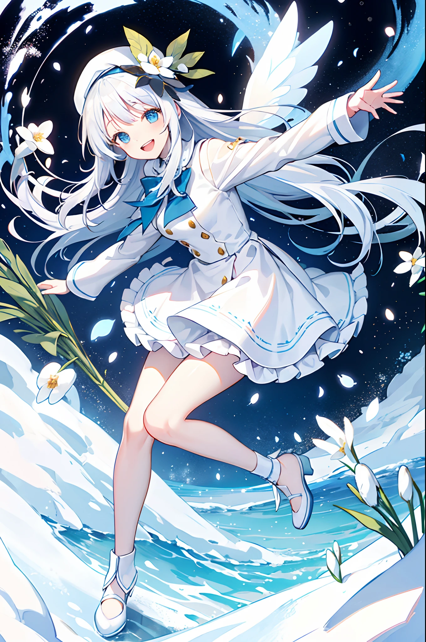 a snowdrop flower fairy, flower skirt, flower hat, happy, open mouthed smile