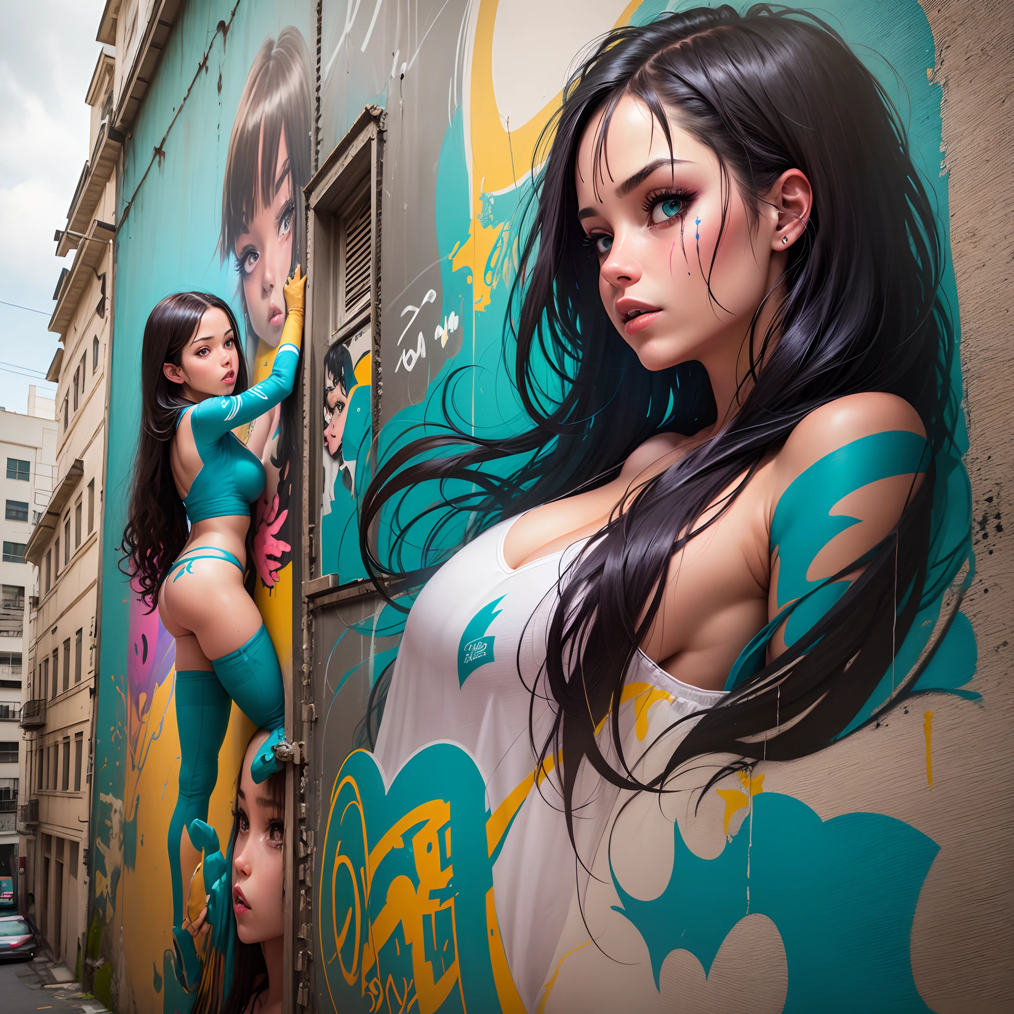The transformation of a woman into a graffiti painting on a wall --auto --s2