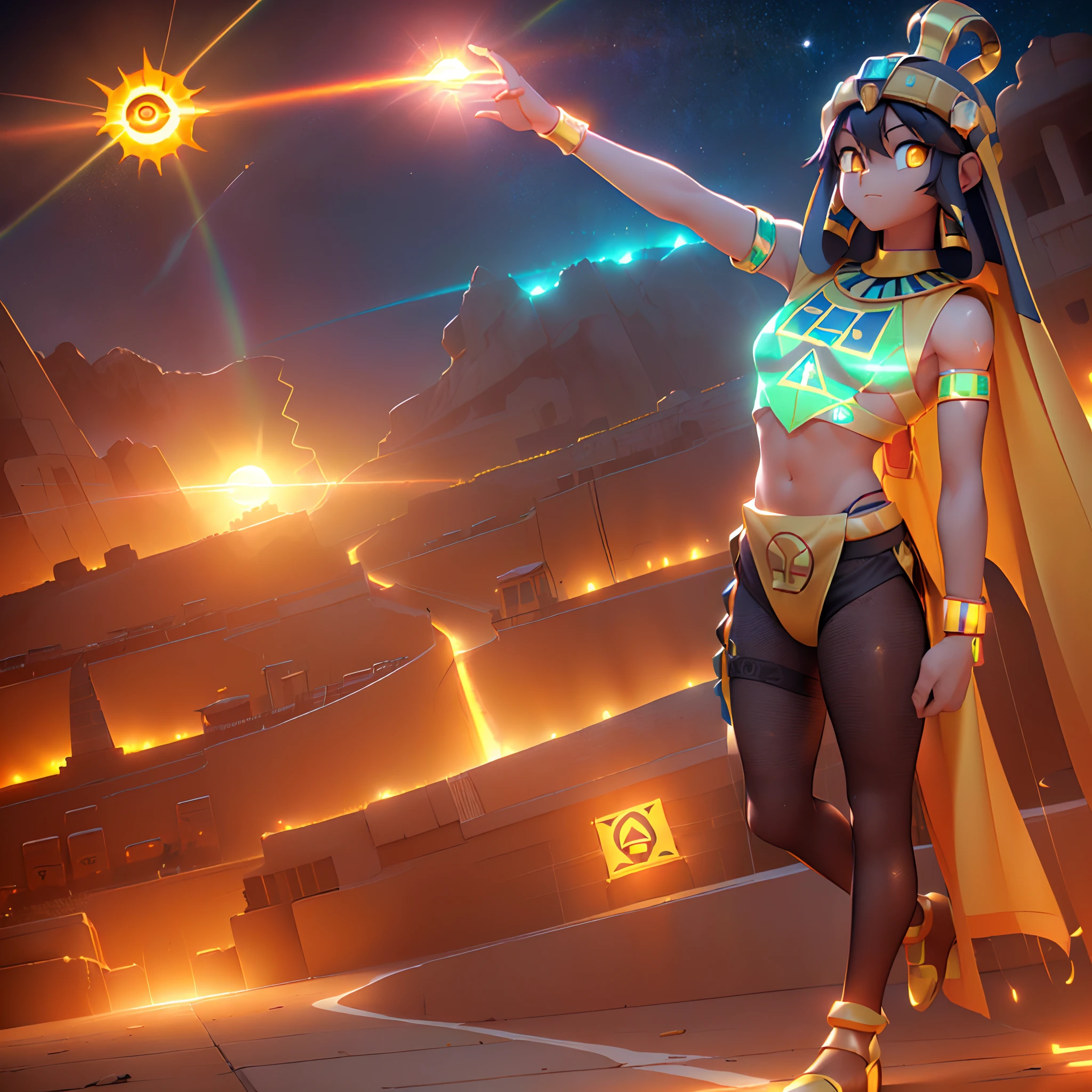 (Dynamic Angle:1.4), ((Full body posing:1.5), (Colorful:1.2), (Highly detailed CG Unity 16K wallpaper:1.1), (Denoising strength: 1.45), (tmasterpiece:1.37), ((Official art)), of the highest quality, (Realistic), (Male child:1.5), (Short-cut hair:1.2),(Costume of Sun God Ra:1.5),Golden hair,Glowing eyes,(yellow eyes:1.2),((Poses in motion:1.4)),((Costume of Sun God Ra:1.3)),wires, (LED:1.3), (a hologram:1.2),(The sun overhead:1.3), Streets of Egypt, (Night:1.2), (Rainbow Model:1.2), 8K resolution, (Anime style:1.3), Cinematic lighting, chromatic abberation, spark of light, Ray tracing, blending, ultra wide-angle, Hasselblad, (masutepiece), (masutepiece), ((Best Quality)), ((masutepiece)), nffsw