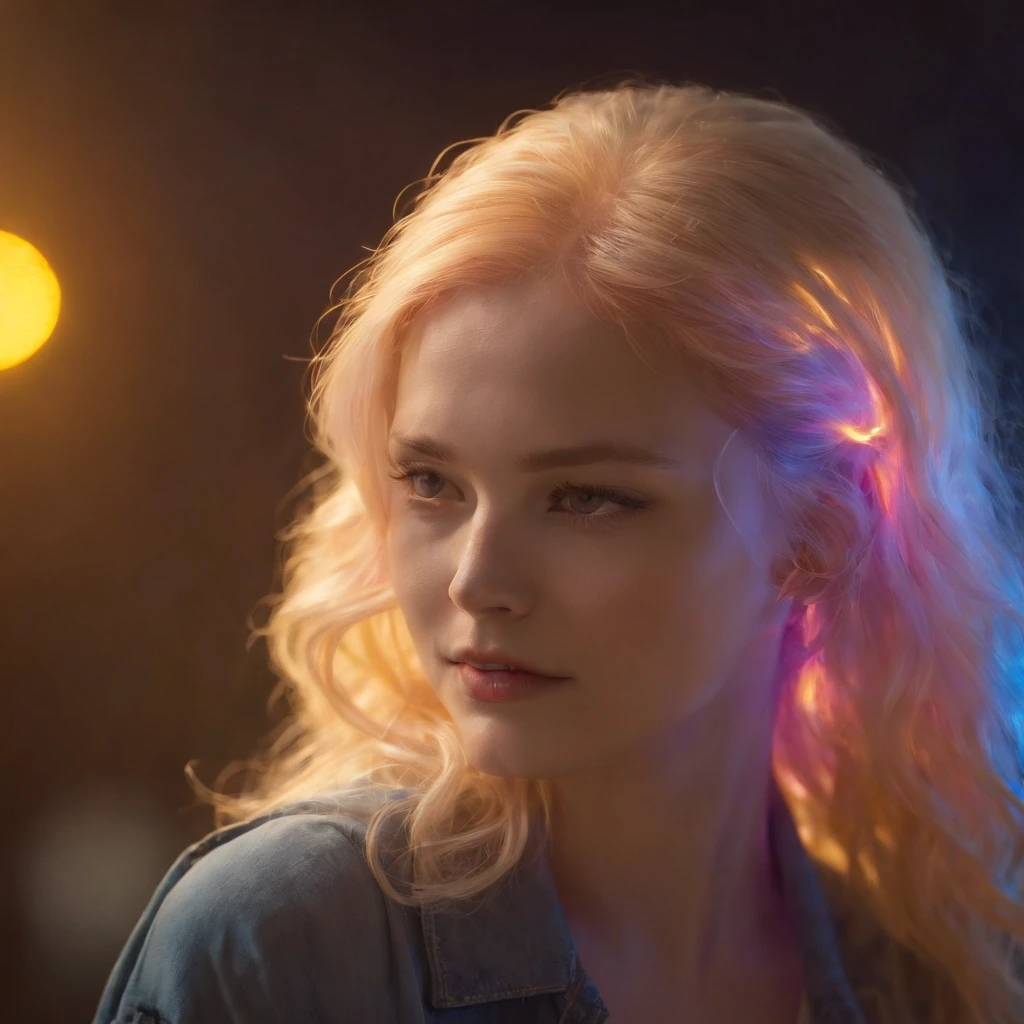 (best quality,highres,masterpiece:1.2),ultra-detailed,realistic:1.37,a girl with neon-colored hair and a yellow shirt,glowing head,detailed glowing hair,detailed glowing face,colorful grid,colorful sketch,glowing,illustration,glowing hair,glowing yellow face,low resolution,glowing in the dark,vibrant fan art,emitting colorful light,her hair is made of fire,weary eyes and curly hair