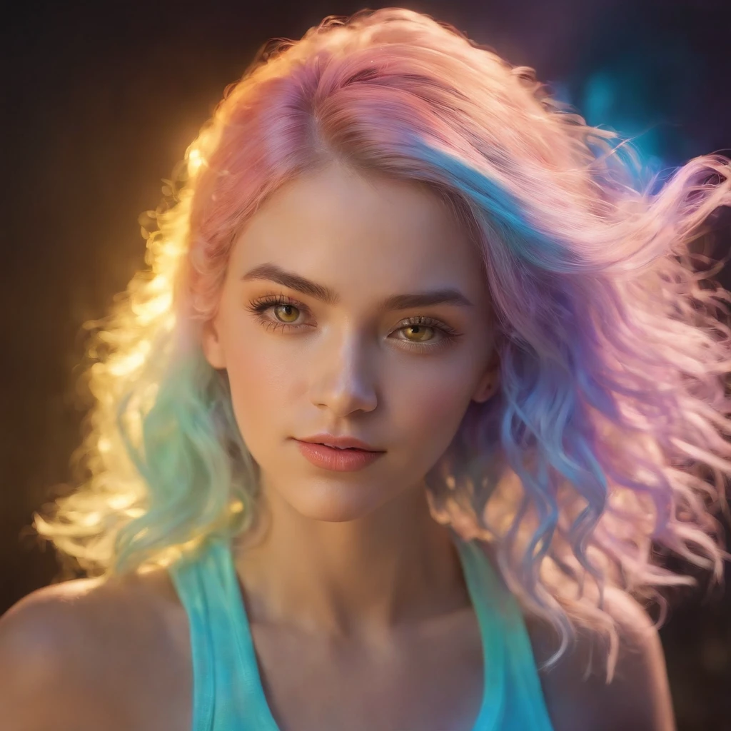 (best quality,highres,masterpiece:1.2),ultra-detailed,realistic:1.37,a girl with neon-colored hair and a yellow shirt,glowing head,detailed glowing hair,detailed glowing face,colorful grid,colorful sketch,glowing,illustration,glowing hair,glowing yellow face,low resolution,glowing in the dark,vibrant fan art,emitting colorful light,her hair is made of fire,weary eyes and curly hair