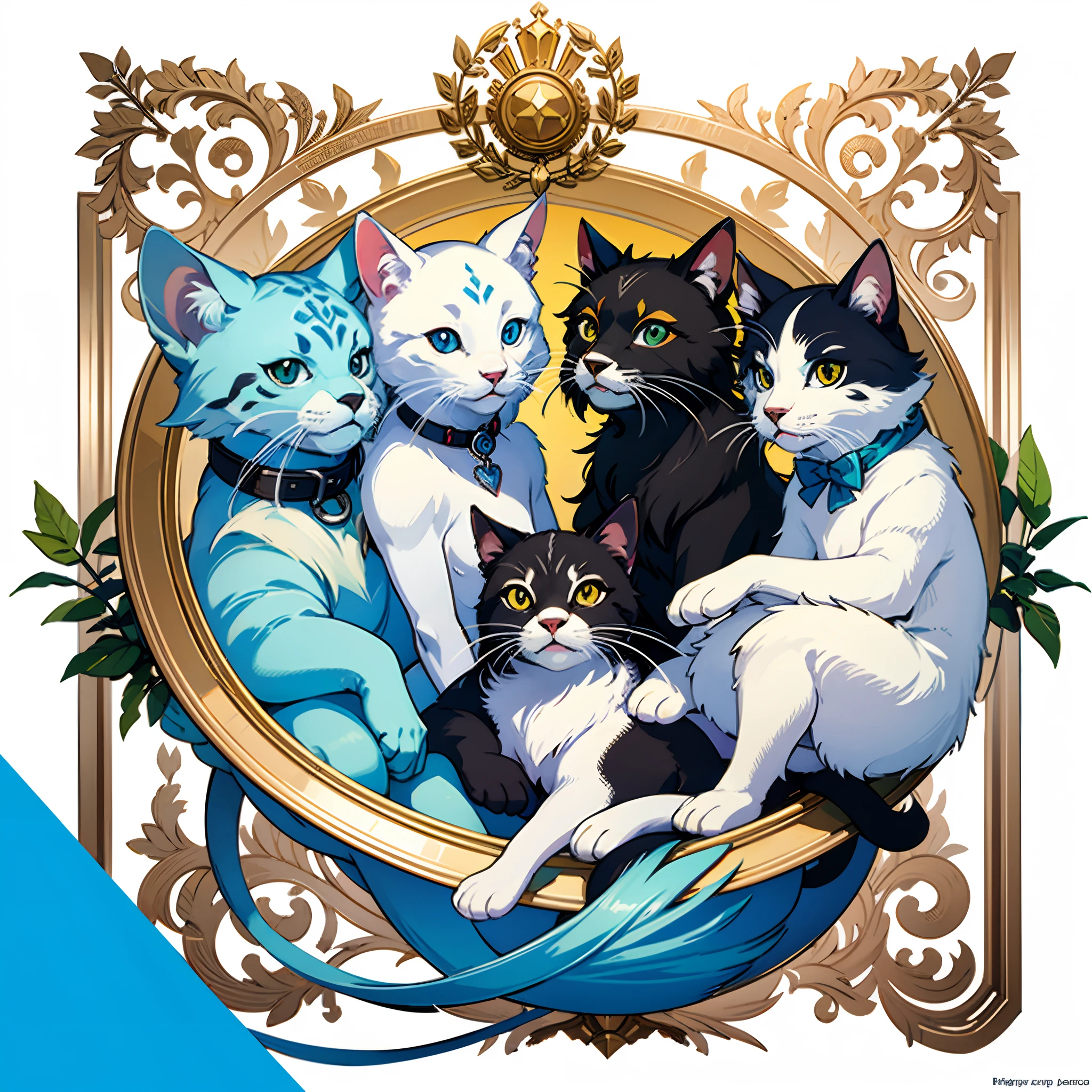 top-quality、top-quality、logo mark、stamp、Geometric pattern、vector-art、High-quality illustrations by Alfons Mucha、​masterpiece(Furry、furry anthro)florals、Pixel art、Three-headed body、Cats