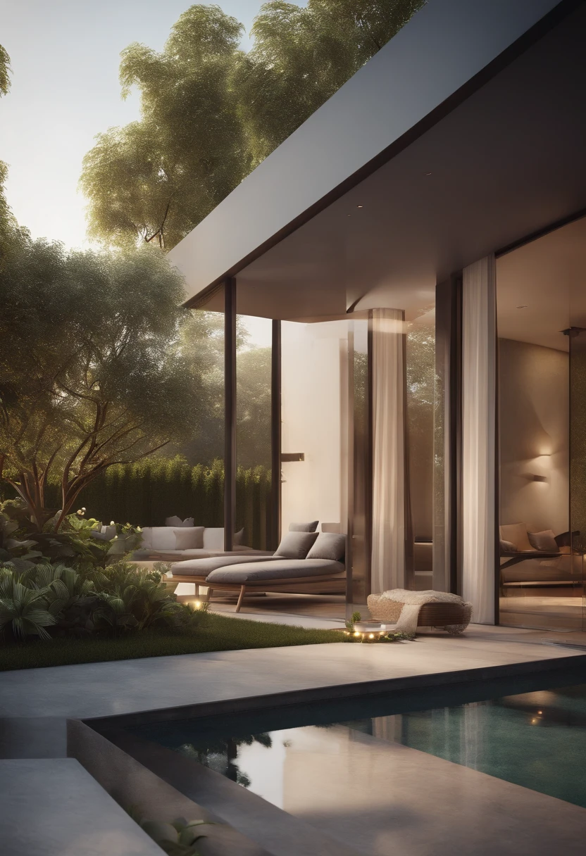 (best quality,4k,8k,highres,masterpiece:1.2), ultra-detailed, (realistic,photorealistic,photo-realistic:1.37), villa exterior, simple modern, surrounded by plants, large glass floor-to-ceiling windows, gentle morning sunlight, medium:illustration, [minimalist architecture], [lush greenery], [serene atmosphere], [crisp clean lines], [spacious and airy], [seamless indoor-outdoor integration], [harmonious blend of nature and architecture], [abundance of natural light], [reflections on glass surfaces], [calming color palette], [textured surfaces], [well-manicured garden], [architectural simplicity], [contemporary design elements]