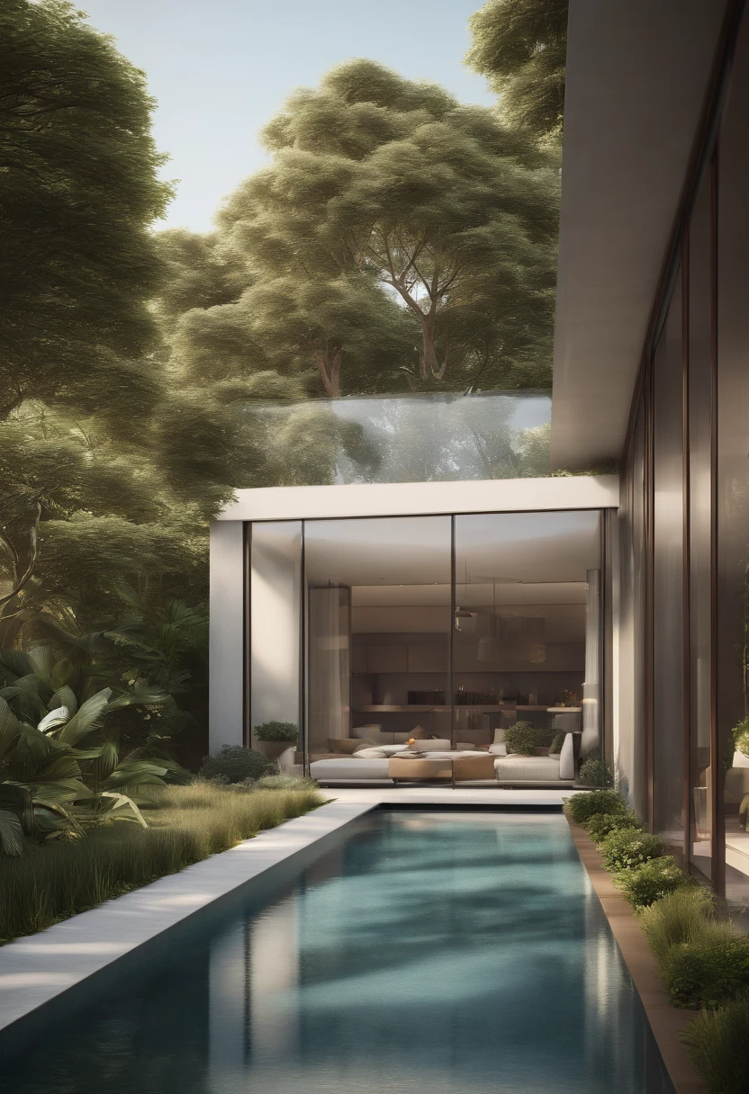 (best quality,4k,8k,highres,masterpiece:1.2), ultra-detailed, (realistic,photorealistic,photo-realistic:1.37), villa exterior, simple modern, surrounded by plants, large glass floor-to-ceiling windows, gentle morning sunlight, medium:illustration, [minimalist architecture], [lush greenery], [serene atmosphere], [crisp clean lines], [spacious and airy], [seamless indoor-outdoor integration], [harmonious blend of nature and architecture], [abundance of natural light], [reflections on glass surfaces], [calming color palette], [textured surfaces], [well-manicured garden], [architectural simplicity], [contemporary design elements]