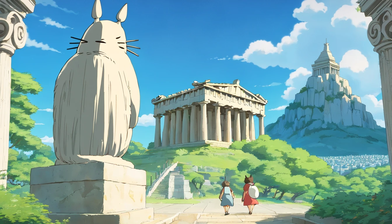 Ghibli style,Greece,((The background is the Parthenon)),((Stone statue of Totoro)),Socrates staring at a stone statue