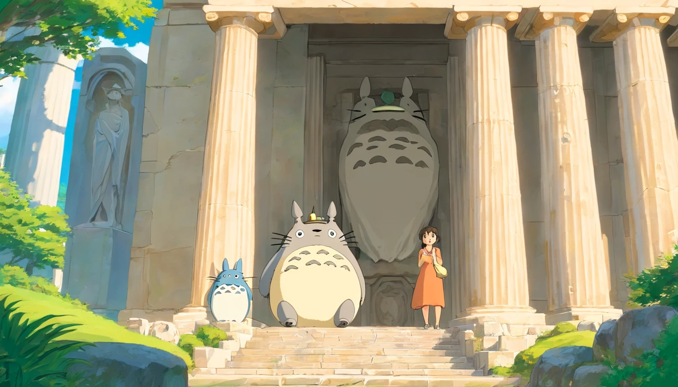 Ghibli style,Greece,((The background is the Parthenon)),((Stone statue of Totoro)),Socrates staring at a stone statue