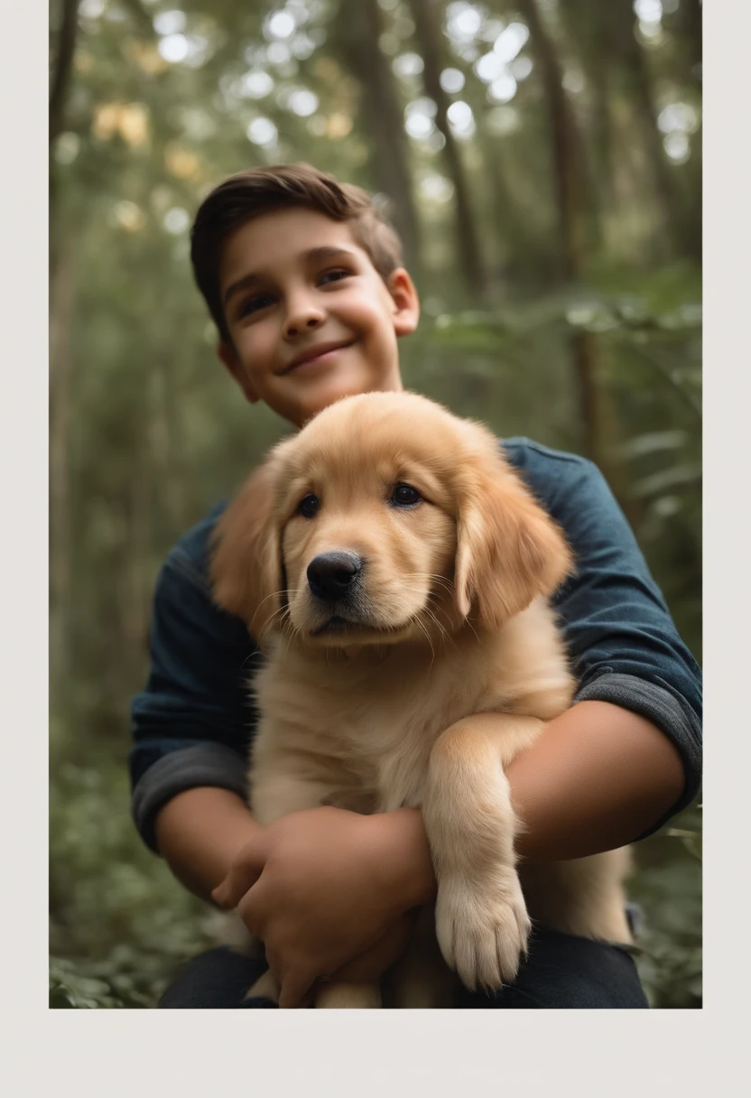 Um lindo menino de 10 anos, de olhos cor de mel, holding a Golden Retriever puppy, em uma floresta, imagem ultrarealista, realista, 8k