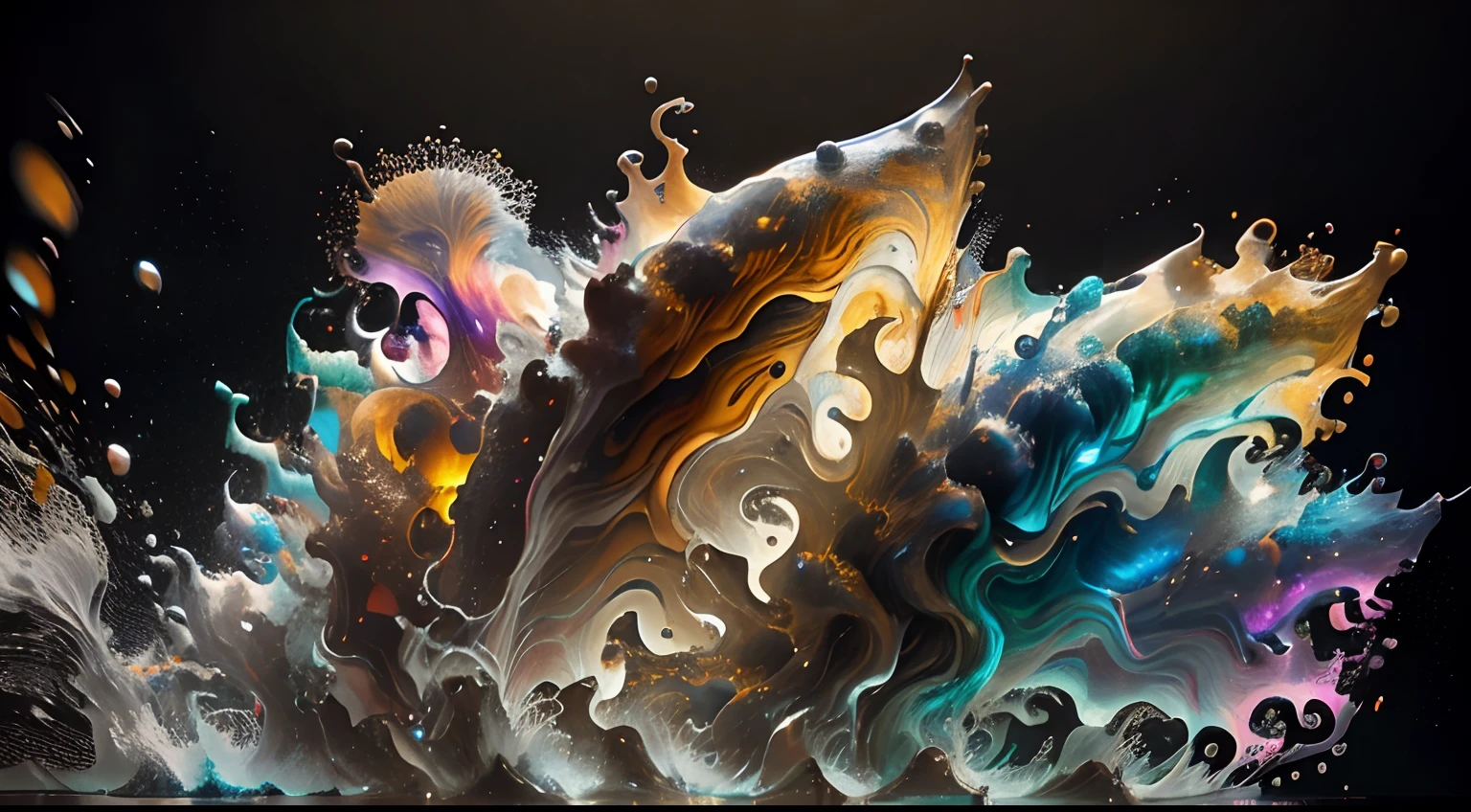Obra de Arte abstracto multicolor en movimiento.Arte de Alberto Severo. Un primer plano de chorros y corrientes de metales preciosos fundidos que chocan entre si y forman , inmensas cantdades de gotas multicolores y chorros metalicos de oro, plata, cobre mercurio, que burbujean ,explotan ,remolinean y fluyen y ocupan todo el espacio, nubes de fluidos de colores metalicos dorados, plateados, cobrizos brillantes y tornasolados,burbujas tornasoladas, ,remolinos de gotas tornasoladas que giran y escapan.Crea una fascinante obra de arte abstracta con un enfoque en la fluidez y el movimiento. Utilice una paleta de colores rica y diversa, Blend tones seamlessly to evoke a sense of continuous movement, Background of psychedelic fuids in motion. Arte de los fluidos en movimiento