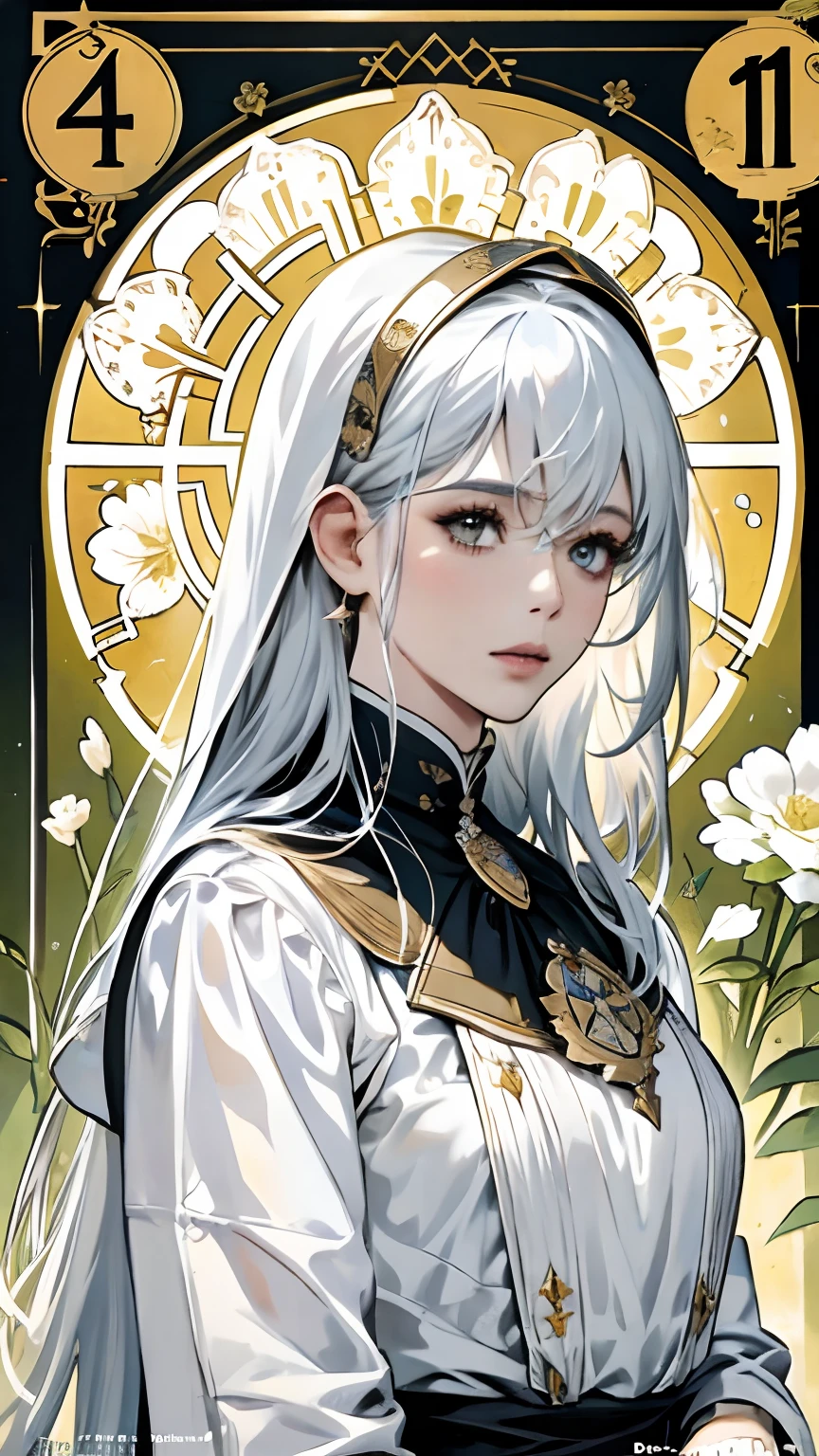 (masuter piece,Best Quality,Ultra-detailed), (A detailed face),nobles, European woman face portrait, hight resolution, 1girl in, (front-facing view), (masuter piece,Best Quality,Ultra-detailed),(absurderes),In front of the stained glass window,Black dress with long white hair,1girl in, white hair, Halo, Girl with white hair,White nun dress,cathedral,sanctuary, ,Dagger decoration, The upper part of the body, flat-chest, (Beautiful Detail Eye: 1.1), (Detailed hand), (Detail light: 1.1), Film Light, Pale skin type, (looking at the viewers), (magazine:1.3), (cover-style:1.3), Textured skin, Super Detail, Tarot Boundary, border, Alfonse Mucha, Dynamic streaks, locus:1.2, golden colored, Beautiful and bright color scheme, portraitures, Look at viewers, 独奏, (full body Esbian:0.6), A detailed face, (Ancient Mesopotamian theme), Sumerian, Mesopotamian mythology, Uruk, ziggurat, Demigod,Floral hair ornament, (A thriving civilization), Ancient palaces, stele, particles floating, Fibonacci,Pure,lady,elegent