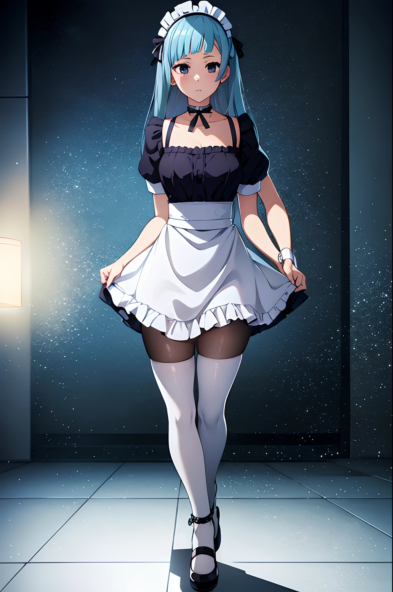 miwakasumi,(masterpiece,best quality), 1girl,solo,full body, tutuhsb,white pantyhose, pantyhose, black_choker,anklet,shackles,print_pajamas,pajamas,maid,gothi