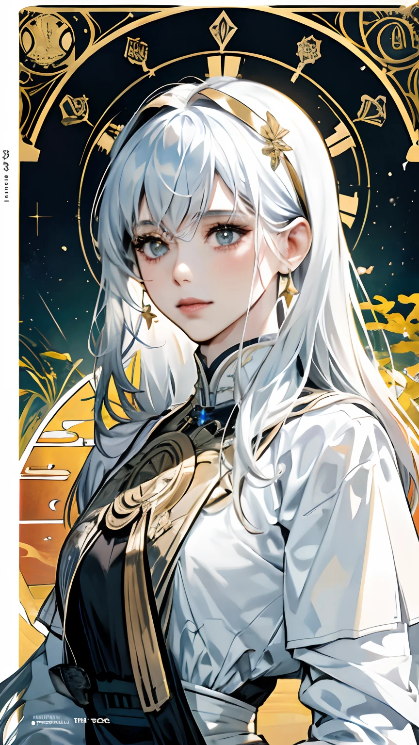 (masuter piece,Best Quality,Ultra-detailed), (A detailed face),nobles, European woman face portrait, hight resolution, 1girl in, (front-facing view), (masuter piece,Best Quality,Ultra-detailed),(absurderes),In front of the stained glass window,Black dress with long white hair,1girl in, white hair, Halo, Girl with white hair,White nun dress,cathedral,sanctuary, ,Dagger decoration, The upper part of the body, flat-chest, (Beautiful Detail Eye: 1.1), (Detailed hand), (Detail light: 1.1), Film Light, Pale skin type, (looking at the viewers), (magazine:1.3), (cover-style:1.3), Textured skin, Super Detail, Tarot Boundary, border, Alfonse Mucha, Dynamic streaks, locus:1.2, golden colored, Beautiful and bright color scheme, portraitures, Look at viewers, 独奏, (full body Esbian:0.6), A detailed face, (Ancient Mesopotamian theme), Sumerian, Mesopotamian mythology, Uruk, ziggurat, Demigod,Floral hair ornament, (A thriving civilization), Ancient palaces, stele, particles floating, Fibonacci,Pure,lady,elegent