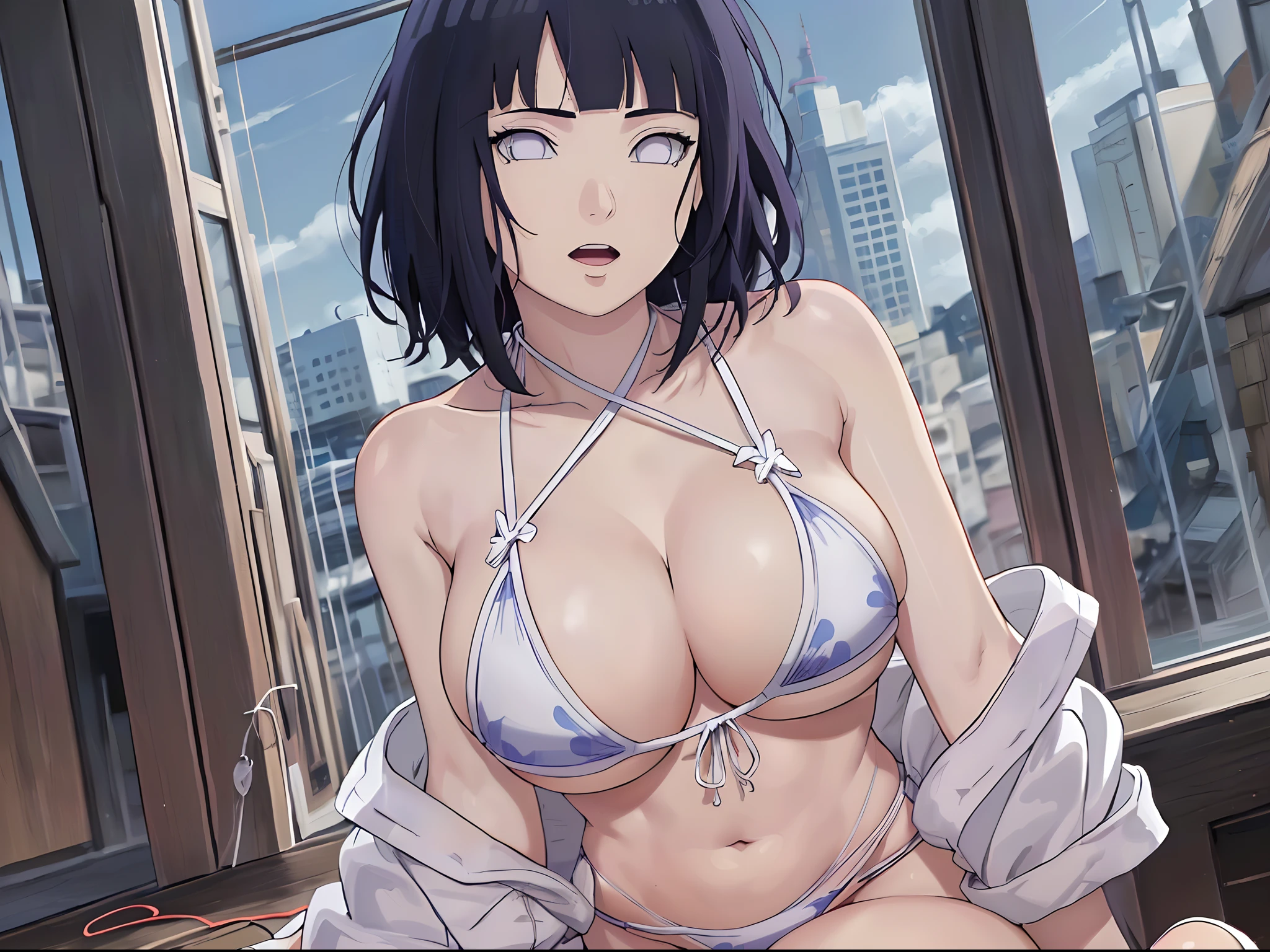 (WALLPAPER,  (hinata\(boruto\), (((1 girl, white string bikini))), masterpiece, 4k, vector coloring, fully body view, (scene: sexy girl leaning against ring cable, location: pro wrestling arena), (high color saturation), contrast lighting, mature female, (curvy:0.8), solo, anime style, sharp focus, professional artwork, intricate details, colorful, vibrant colors, vivid colors, digital blending, ultra detailed body, ultra detail hair, ultra detail face, trending on pixiv, very hot colors, ((())), detailed bold arm lines, high color saturation, bold lines, bold drawing lines), (head tilt), open mouth),
((dark blue hair color:1.1), wavy hair, ((short hair, hime cut)),
(white skin, (fair skin), slender body, milf, perfect face),
(legs, big breasts, off-shoulders, (detailed shoulders, detailed arm lines)), 
(bare shoulders, bare legs),