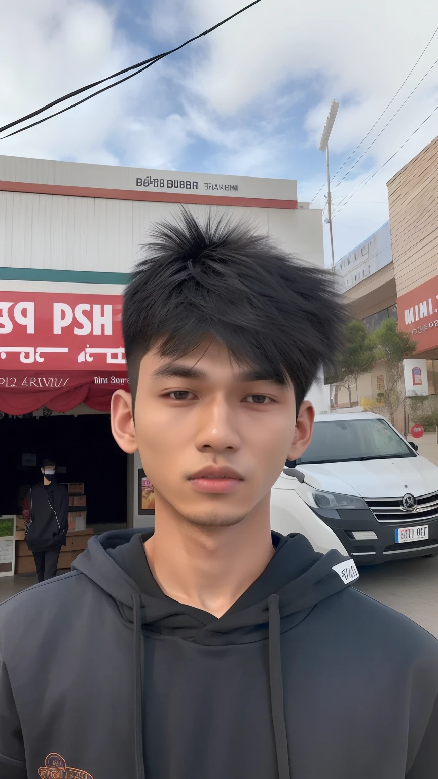there is a man with a black hoodie standing in front of a store, nivanh chanthara, thawan duchanee, ayan nag, 1 6 years old, 18 years old, around 1 9 years old, 1 7 - year - old boy thin face, south east asian with round face, 1 9 year old, twink, mohamed chahin