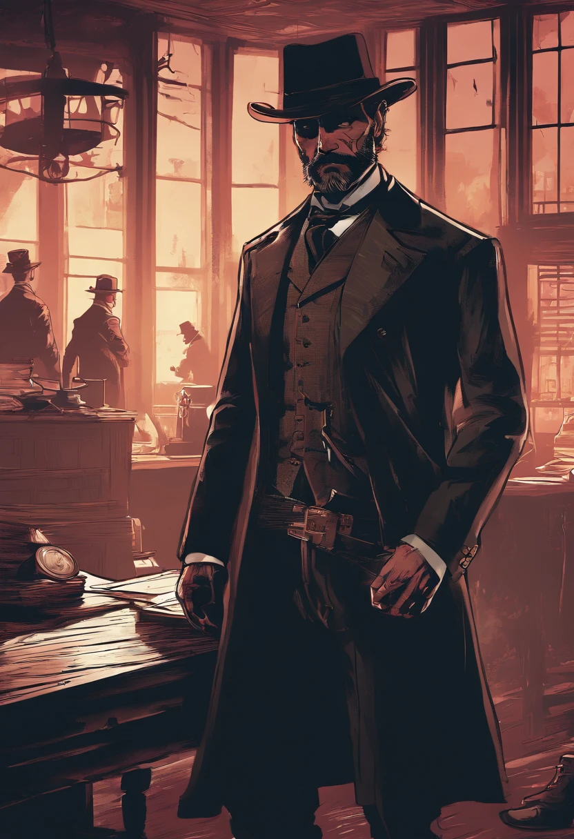 (best quality, 4k, highres, masterpiece:1.2), (realistic:1.37), ultra-detailed, Red Dead Redemption 2 art style, Pinkerton detective, Pinkerton detective in a suit, western town of Saint Denis in 1907, dimly lit room, six Pinkerton agents standing around a table, Pinkerton detective's office, black suits.six pinkerton detectives, 6men,interior scene