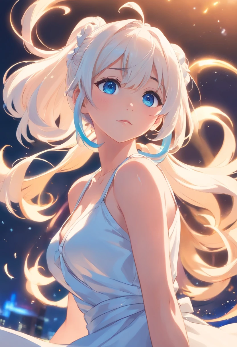 Masterpiece,White color hair,Double ponytail curls,blue color eyes,white dresses,Big breasts,sexy for