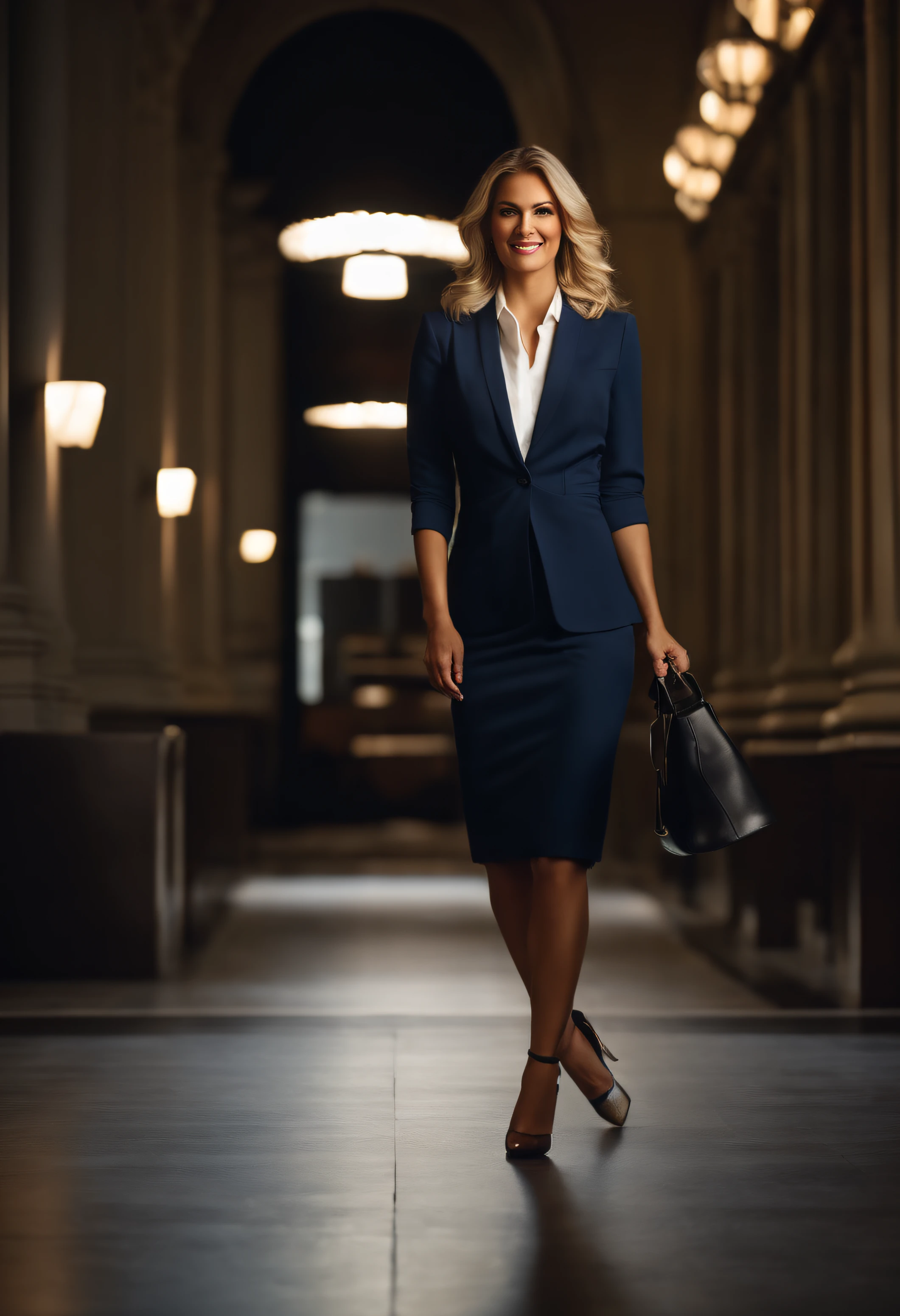 extreme closeup of A stunning beautiful classy arrogant confident blond elegant top executive woman with beautiful legs standing on feet high heels named Sharonah Volmariota, smiling, wearing dark blue business suit and white shirt, location of a the movie John Wick, inspired by young Sharon Stone in basic instinct, blond hair, high resolution, low angle, light coming from sunset, 8K, ultra realisticintricate details, extremely detailed, incredible details, A Cinematic scene from 2023, captured by Canon EF 50mm f/1.2L USM lens on a Canon EOS 5D Mark IV camera, film directed by Derek Kolstad, Rim lighting --style raw