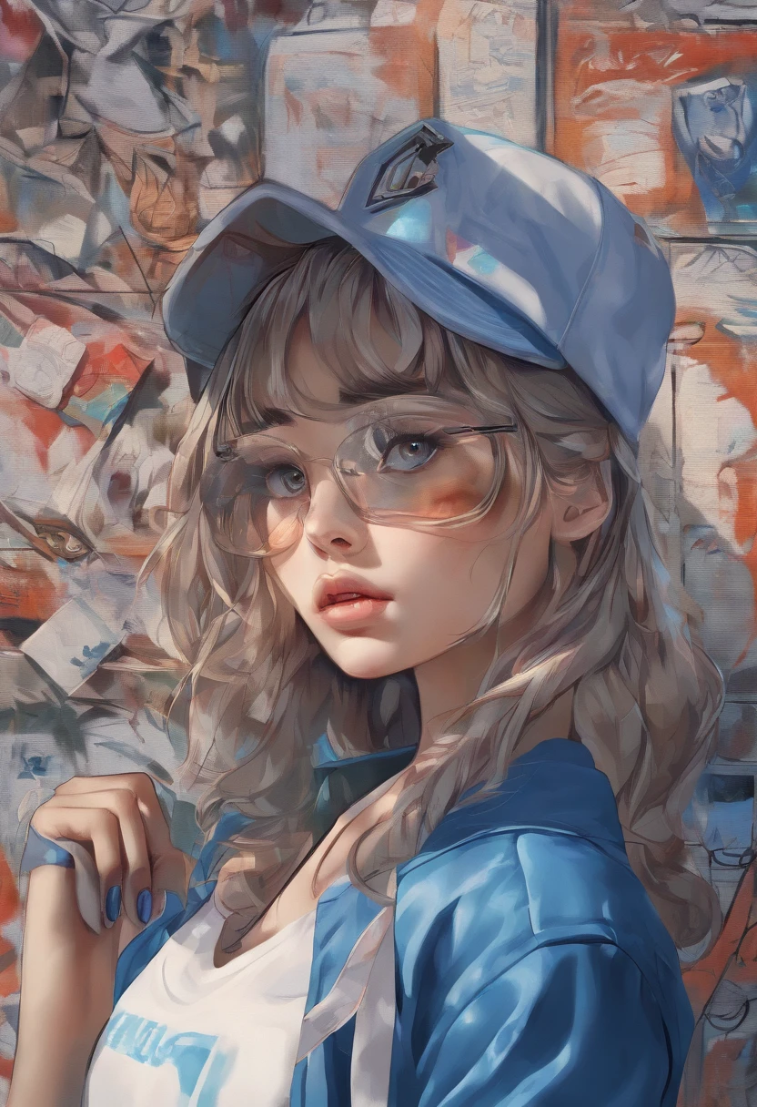 (best quality), masterpiece, extremely detailed CG uniform 8K illustration, high color, extremely high color saturation, all colors deepened, paint, graffiti art, center composition, extremely detailed light and shadow, graffiti wall, wall painted bright, 1 girl graffiti 1 girl looking at the wall, extremely detailed face and eyes, medium length hair, sportswear, colored clouds
