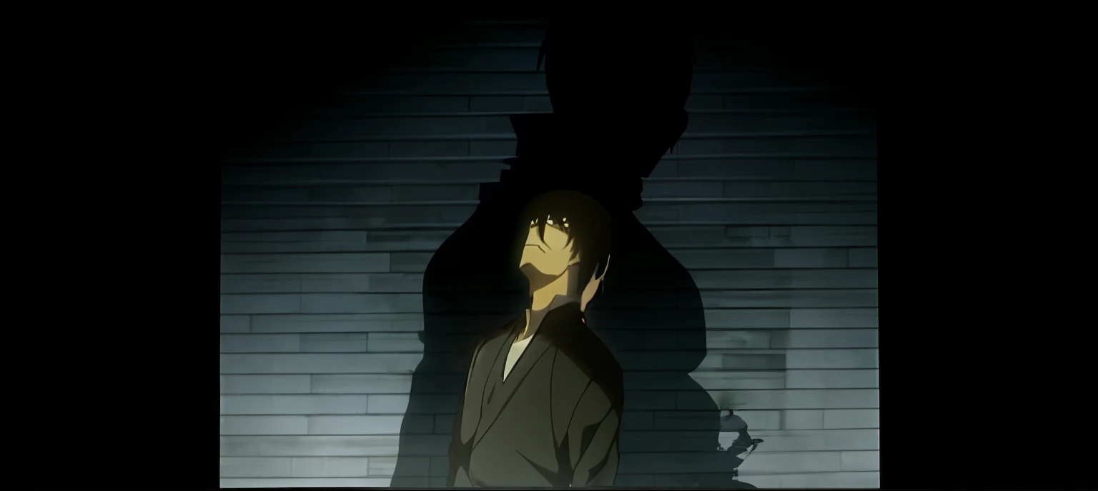 there is a man standing in front of a wall with a shadow, yagami light, light yagami, screenshot from guro anime, style of madhouse anime, anime screencap, anime screenshot, still from anime, screenshot from the anime film, in the anime film, still from tv anime, cel shadow, screenshot from a 2012s anime