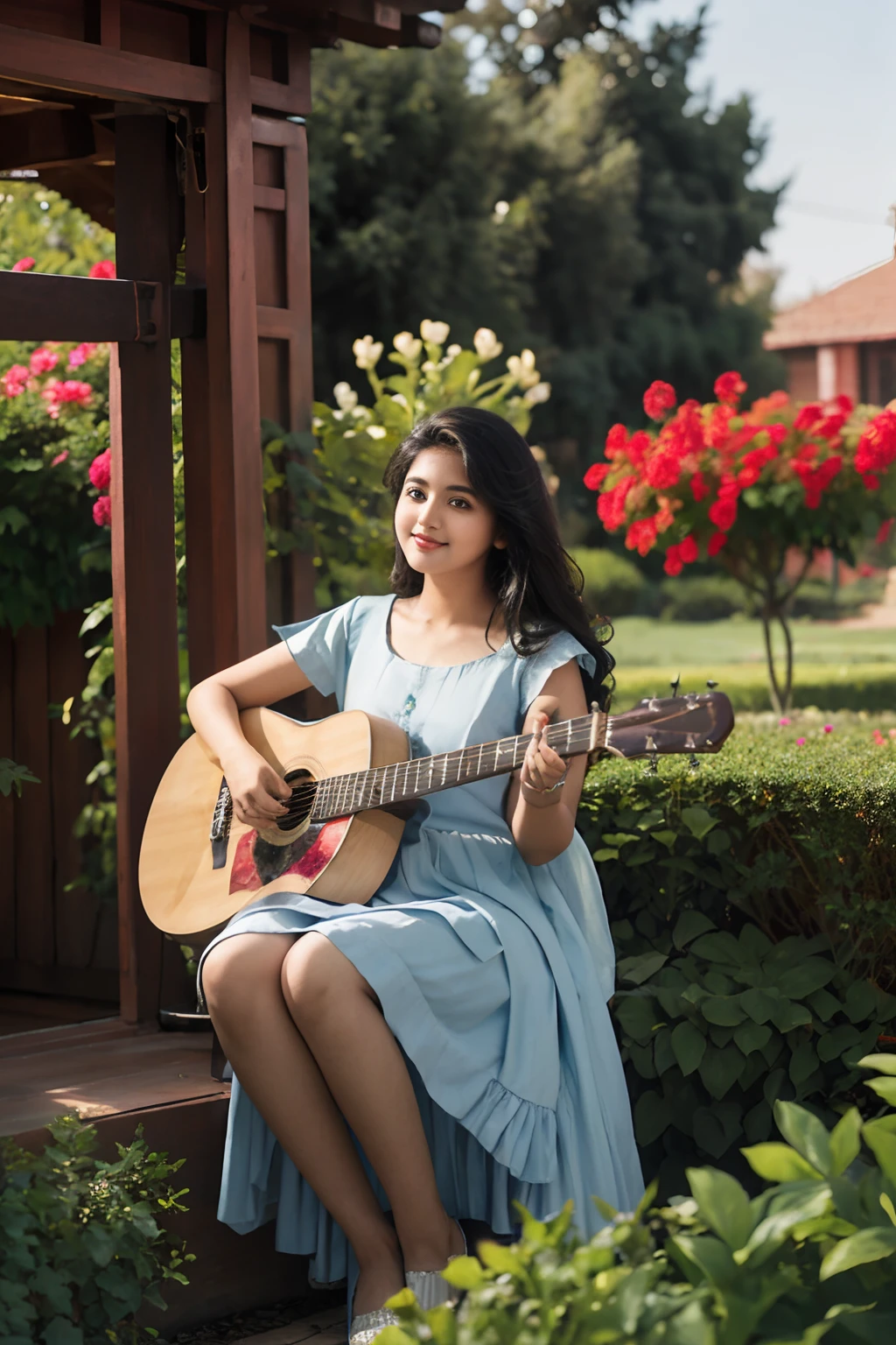 indian college girl 25 years old, fair curvy standing with guitar, background garden, full dress