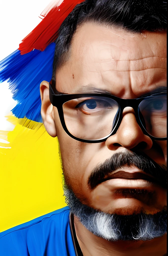 A shoulder-up portrait in oil paint of a man wearing glasses, painted only with primary colors - red, amarelo, e azul, com um splash de tinta preta no fundo.