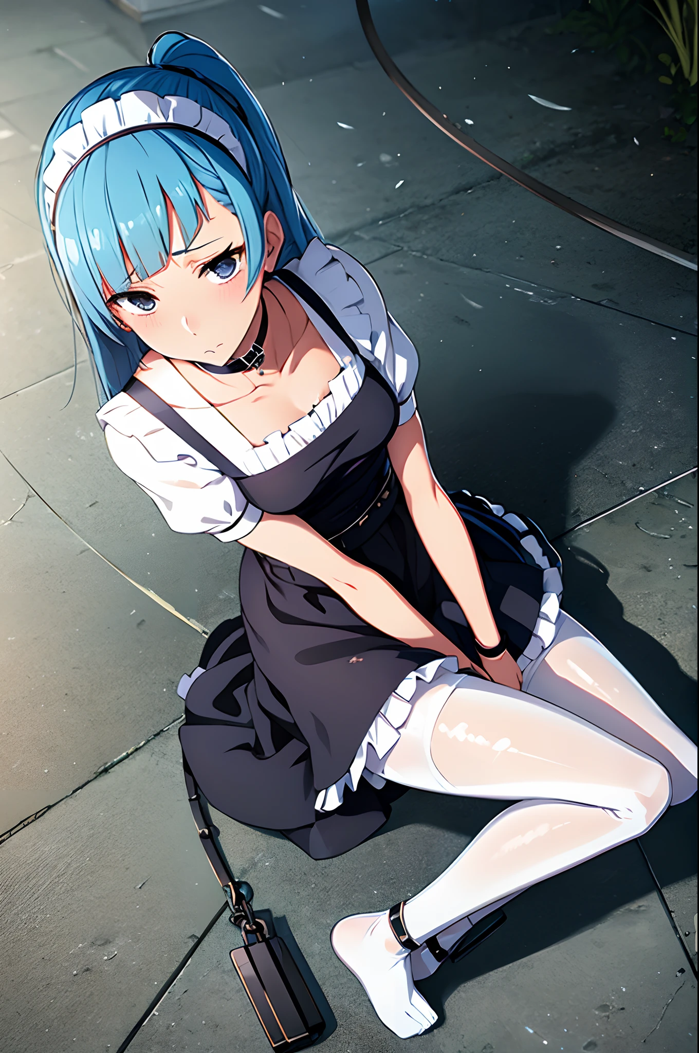 miwakasumi,collar,leash,bondage,wet,sweat,1girl,solo,full body, tutuhsb,white pantyhose, pantyhose, black_choker,anklet,shackles,print_pajamas,pajamas,maid,gothi