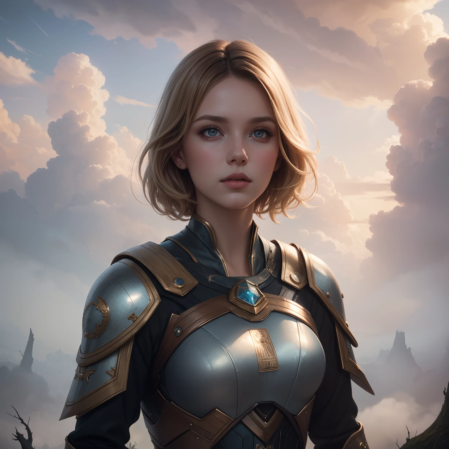 Blonde, cute woman, Sci-fi, pastels, In the dark woods, there is a Pretty lady, beautifully rendered, 4K, 8K, pretty, arm wrappings, walking on the clouds, art, painting, digital art, Looking at viewer, modest, celestial, short hair, adorable woman's face, rosey cheeks, Soft features, half-body view, detailed, brunette hair, pretty woman, cinematic lighting, celestial design, highly detailed, digital painting, smooth, sharp focus, clouds behind, by Tom Bagshaw, by