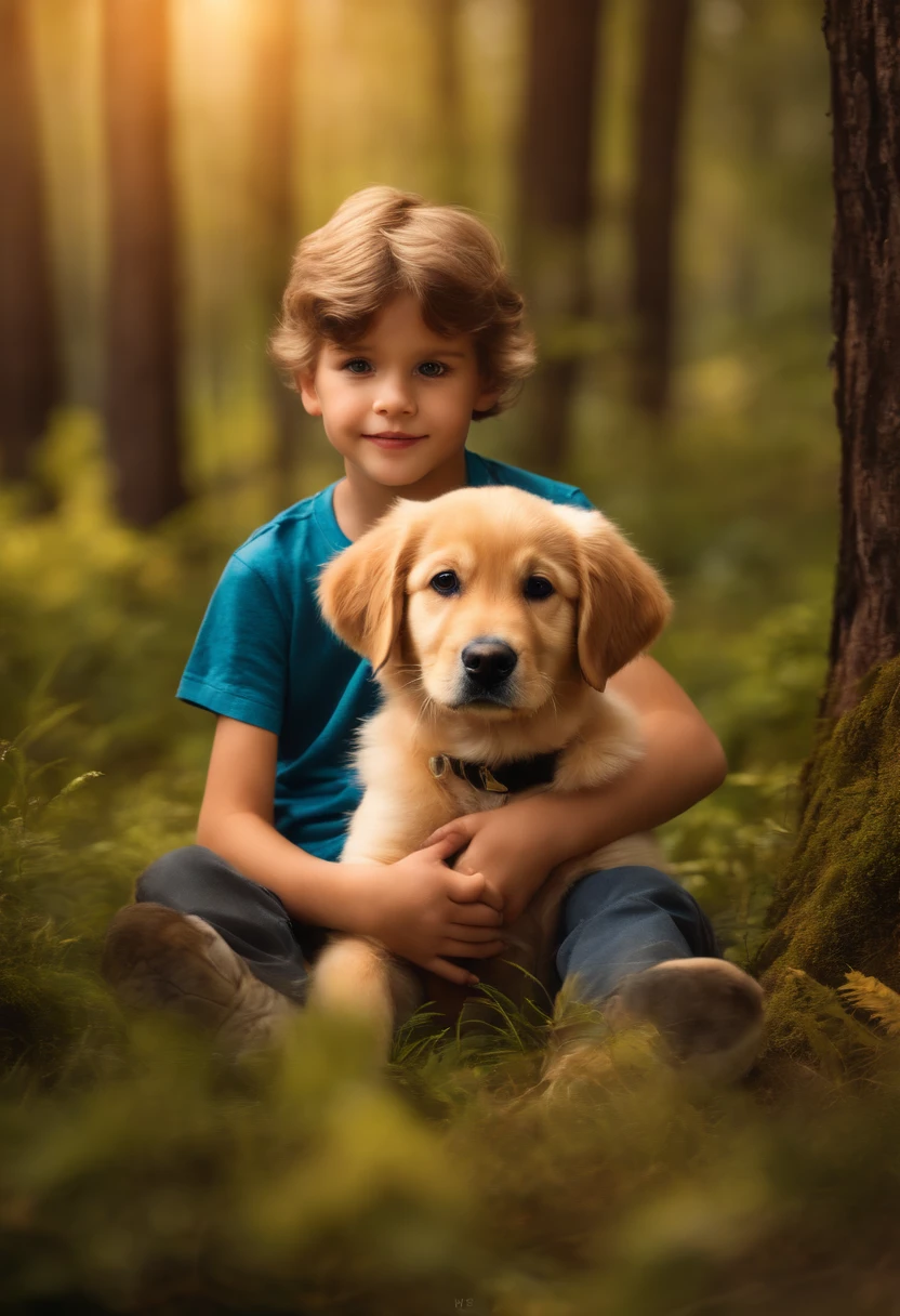 Um lindo menino de 8 anos, de olhos cor de mel, holding a Golden Retriever puppy, em uma floresta, imagem ultrarealista, realista, 8k