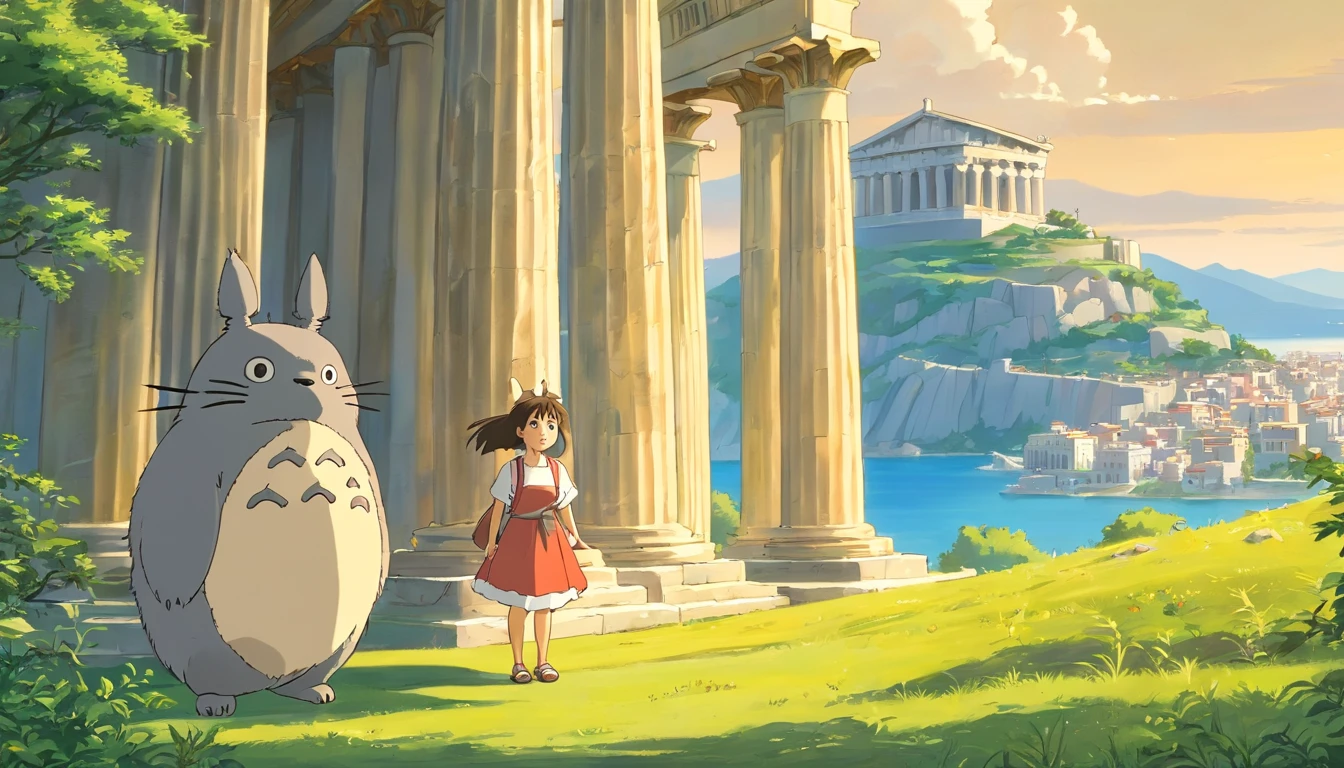 Ghibli style,Greece,((The background is the Parthenon)),((Totoro and the Girl))