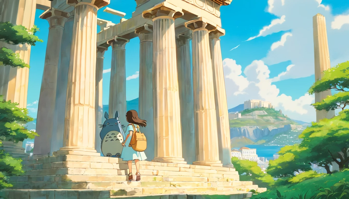 Ghibli style,Greece,((The background is the Parthenon)),((Totoro and the Girl))