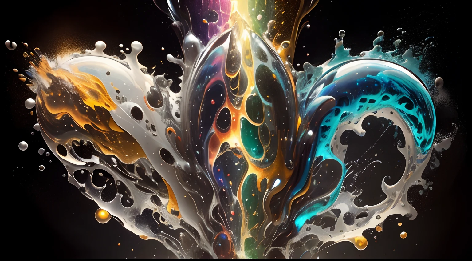 Obra de Arte abstracto multicolor en movimiento.Arte de Alberto Severo. Un primer plano de chorros y corrientes de metales preciosos fundidos que chocan entre si y forman , inmensas cantdades de gotas multicolores y chorros metalicos de oro, plata, cobre mercurio, que burbujean ,explotan ,remolinean y fluyen y ocupan todo el espacio, nubes de fluidos de colores metalicos dorados, plateados, cobrizos brillantes y tornasolados,burbujas tornasoladas, ,remolinos de gotas tornasoladas que giran y escapan.Crea una fascinante obra de arte abstracta con un enfoque en la fluidez y el movimiento. Utilice una paleta de colores rica y diversa, Blend tones seamlessly to evoke a sense of continuous movement, Background of psychedelic fuids in motion. Arte de los fluidos en movimiento