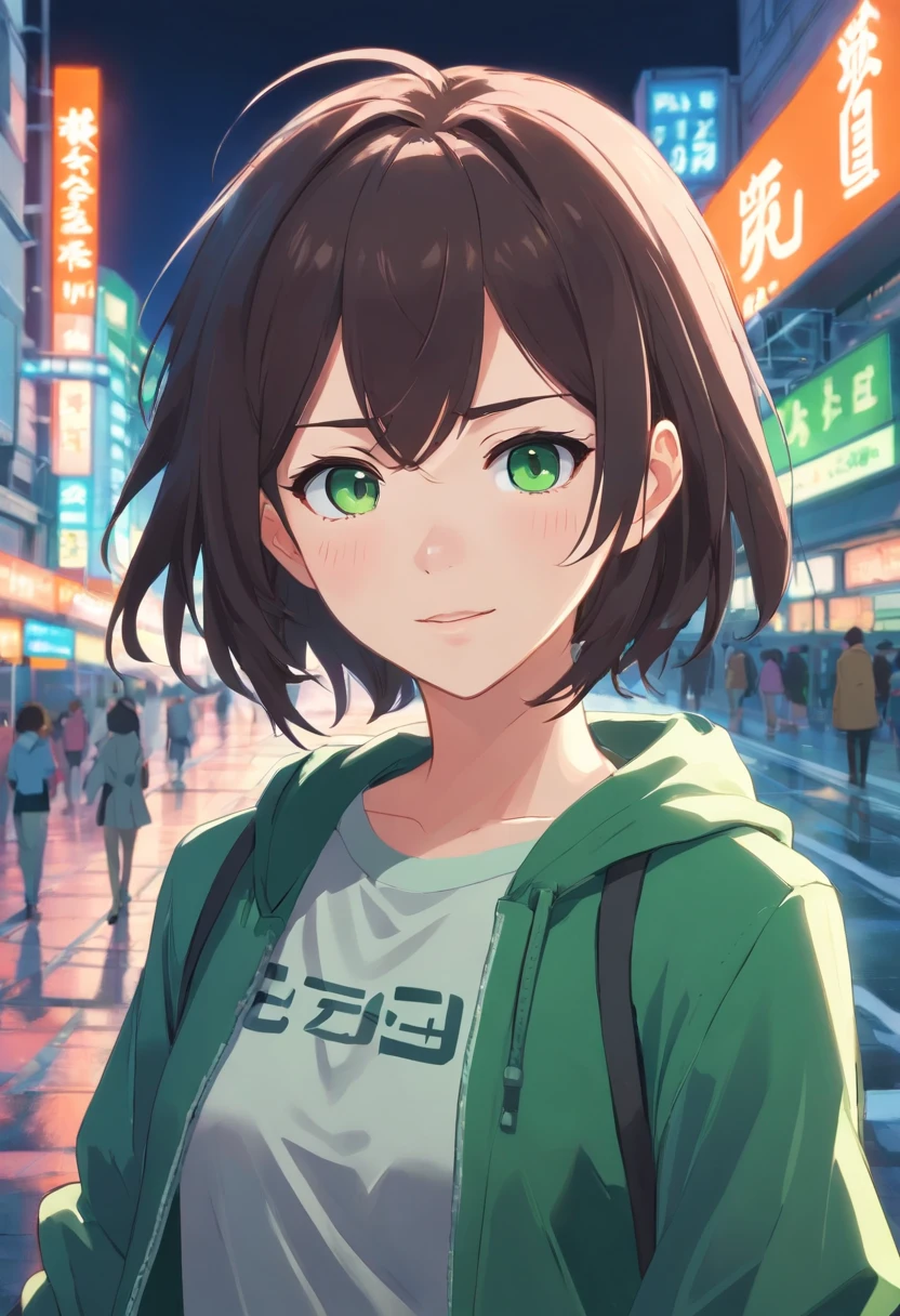 Desenhe uma personagem de anime humana com cabelo curto e preto, olhos verdes hipnotizantes, pale skin and vampire fangs. She wears a cutecore outfit that enhances her unique appearance.