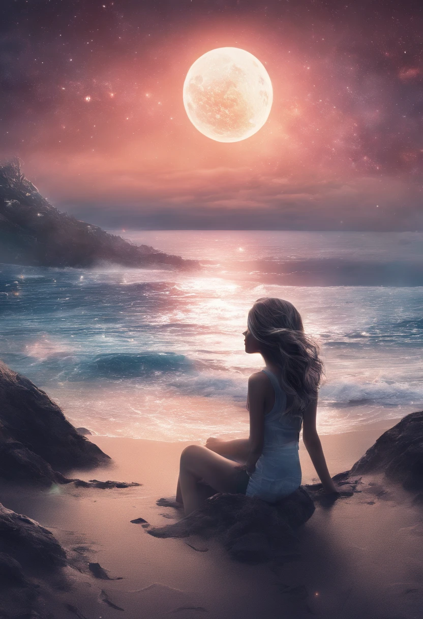 (masterpiece, best quality: 1.2), ultra detailed, cinematic lighting, HDR, illustration, landsape, 1girl, (soft colors), post-apocalyptic beach, the night, desolate atmosphere, girl sitting on the sand, covered vegetation, (overcast sky), waves crashing on the coast, (melancholic but hopeful), quiet moment of respite, (detailed textures), windswept hair, cloudy at night