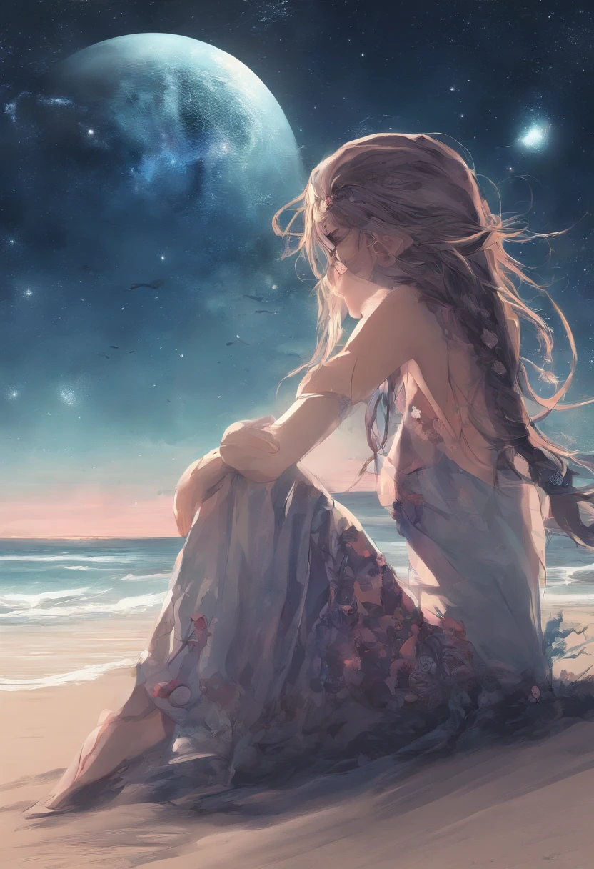 (masterpiece, best quality: 1.2), ultra detailed, cinematic lighting, HDR, illustration, landsape, 1girl, (soft colors), post-apocalyptic beach, the night, desolate atmosphere, girl sitting on the sand, covered vegetation, (overcast sky), waves crashing on the coast, (melancholic but hopeful), quiet moment of respite, (detailed textures), windswept hair, cloudy at night