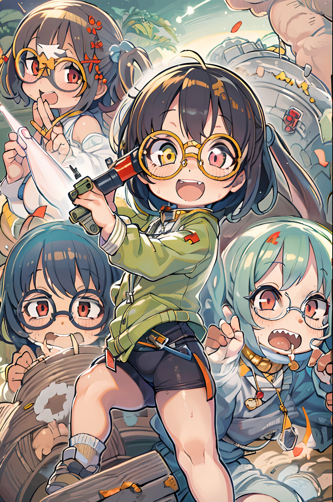 masutepiece, Best Quality, 1girl in, Sharp eyes, Cultivated woman, Smile,a child girl,Lori,rocket launcher、Multiple girls、big round glasses,