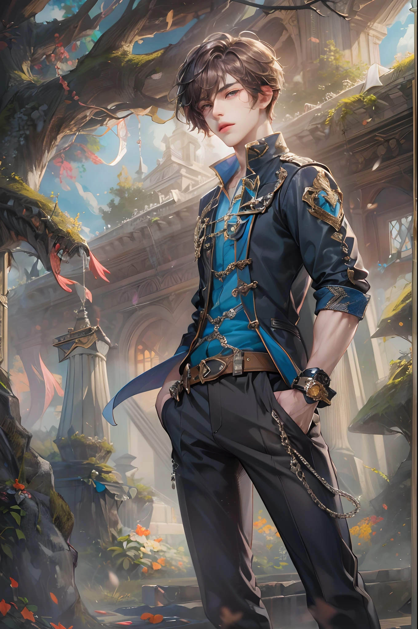 (absurdres, highres, ultra detailed, HDR), masterpiece, best quality, Android Game Character , short hair, handsome boy, anime eyes, Mobile Legends Hero, detailed scebe, detailed character