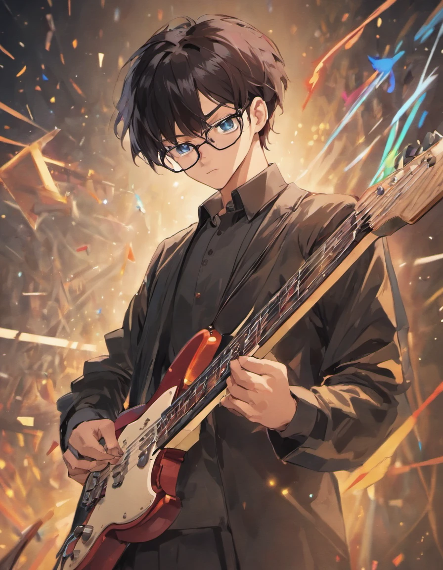 homem de barba cumprida, dark hair cut in degrade with glasses, tocando uma guitarra Fende Stratocaster, dynamic background, 4k