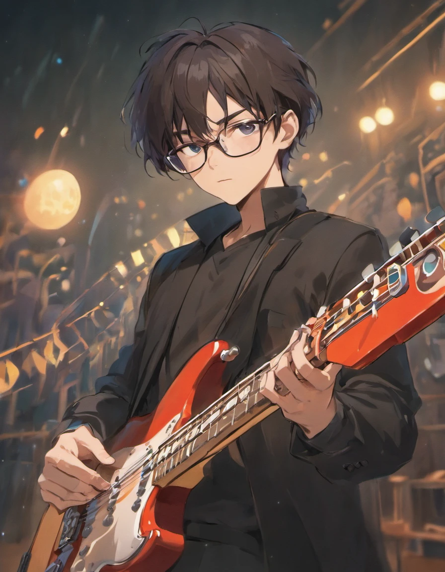 homem de barba cumprida, dark hair cut in degrade with glasses, tocando uma guitarra Fende Stratocaster, dynamic background, 4k