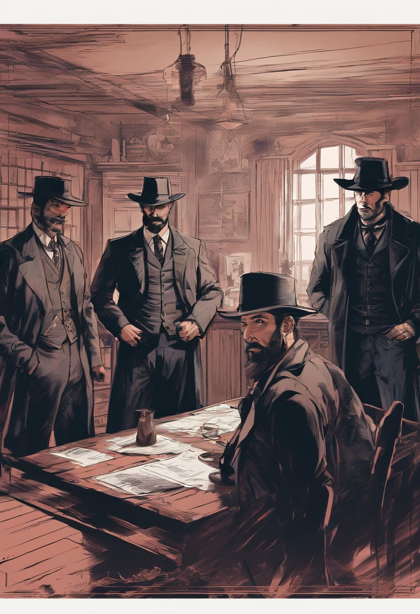 (best quality, 4k, highres, masterpiece:1.2), (realistic:1.37), ultra-detailed, Red Dead Redemption 2 art style, Pinkerton detective, Pinkerton detective in a suit, western town of Saint Denis in 1907, dimly lit room, six Pinkerton agents standing around a table, Pinkerton detective's office, black suits.six pinkerton detectives, 6men,interior scene