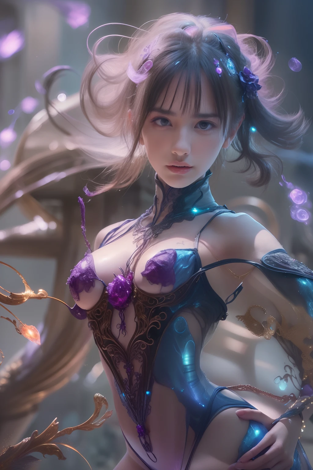 (Expression of ecstasy:1.2), From Side, Photorealistic, Official art, Unity 8k wallpapr, 8K Portrait, Best Quality, Very high resolution, (Incredibly beautiful nature background:1.6), One girl, One beautiful teenage italian girl, sixteen years old, Obscene, (Sexy and glamorous:1.1), (A coquettish expression:1.6), (small breasts with raised pink areolas,,,,:1.6), Vulgarity, (seductively smiling:1.2), (full body1.0), (erotic posing:1.5), (Magic Attack Pose:1.6),(magical effects like sparkles or energy:1.5), (Electric shock from hands:1.1), (Detailed blue bodysuit with beautiful fractal or marble design:1.5), (Beautiful and d delicate ruby, topaz, emerald and sapphire jewelry:1.45), Beautiful seductive face, Portrait, (Thick eyebrows:1.2), (Big purple eyes:1.2), Beautiful eyes with fine symmetry, (Ultra detailed eyes:1.4), (High resolution eyes:1.1), Intimate face, (ultra detailed skin texture:1.4), White skin, pale skin, Perfect Anatomy, Thin, (Beautiful toned body:1.1), Hair Bow, (Moist skin:1.1), full of sweat, No makeup, dark circles, Good anatomy, Focus Face, Good Looking Ing, (Emilia Clark:0.6) (Emma watson:0.3),(Jennifer Connelly:0.4), (sensual face:1.5), Elegant face, Nice, Dolce, Cyberpunk Sci-Fi, (Gauntlets with intricate and beautiful designs:1.2), Blurred background, Blurred foreground, depth of fields, (Motion Blur:1.1), Complex and colorful biomechanical bodysuit, Zentangle, mandalas, Entangled, (Small breasts:1.2), Sheer breast, (Beautiful :1.2), (NSFW:1.2), large hips, drivel, Juice stain, grabbing on breasts,