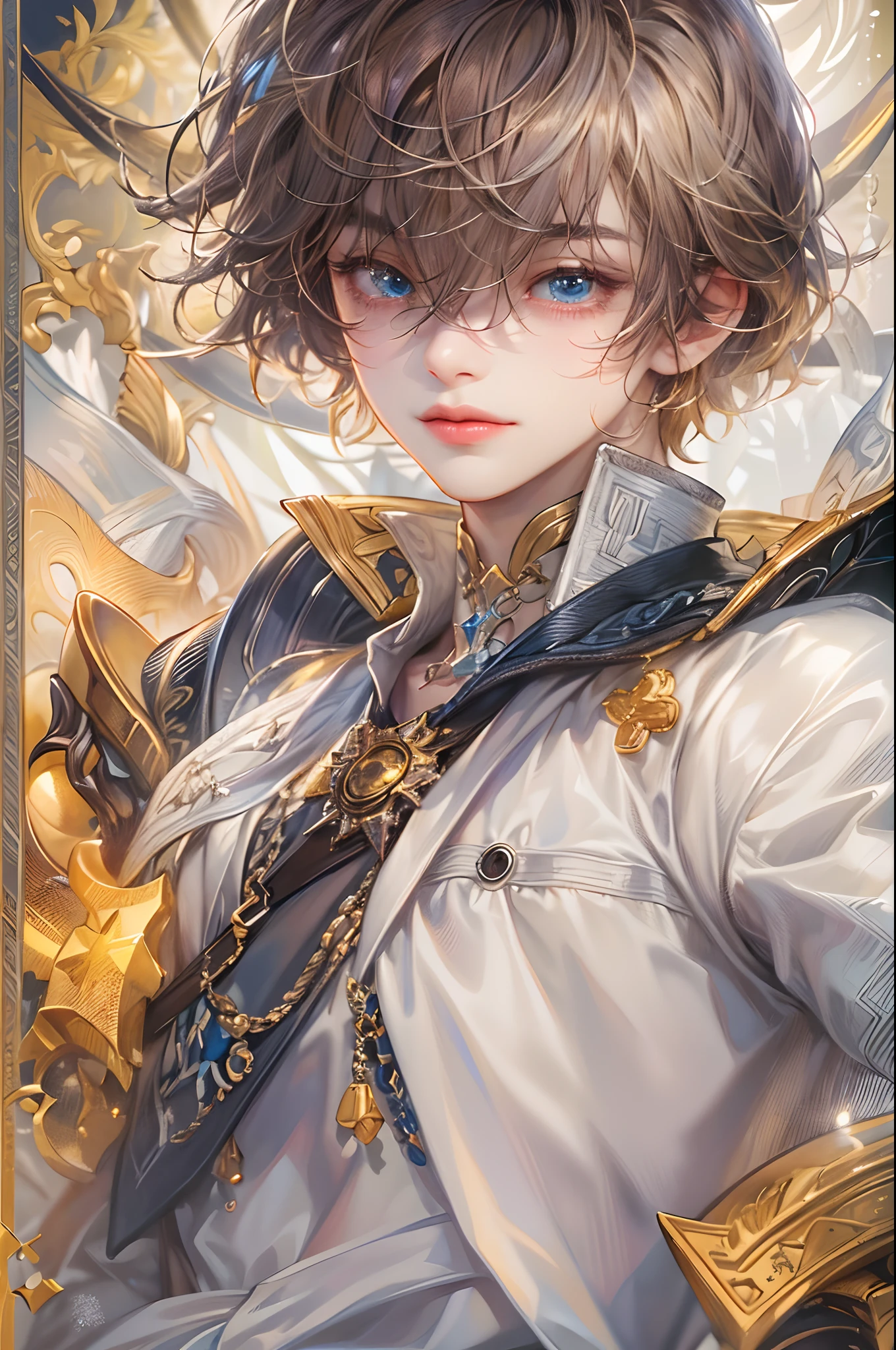 (absurdres, highres, ultra detailed, HDR), masterpiece, best quality, Android Game Character , short hair, handsome boy, anime eyes, Mobile Legends Hero, detailed scebe, detailed character