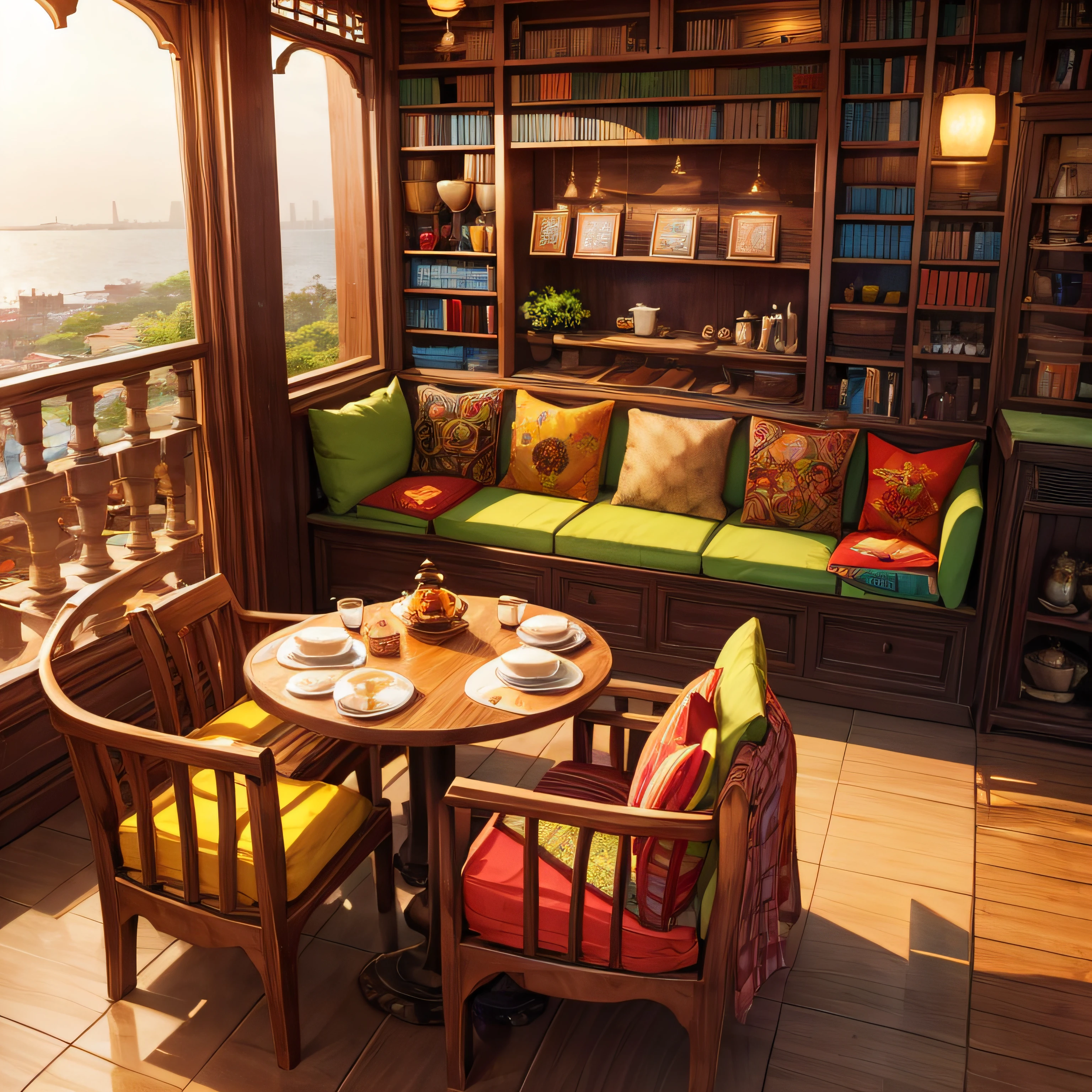 Cozy cafes in Mumbai, Take in views of India's gateway and the Arabian Sea. The café has colorful cushions, Bollywood movie poster, And shelves full of books. Indian girl is drinking masala chai、A plate of samosas is on the table.